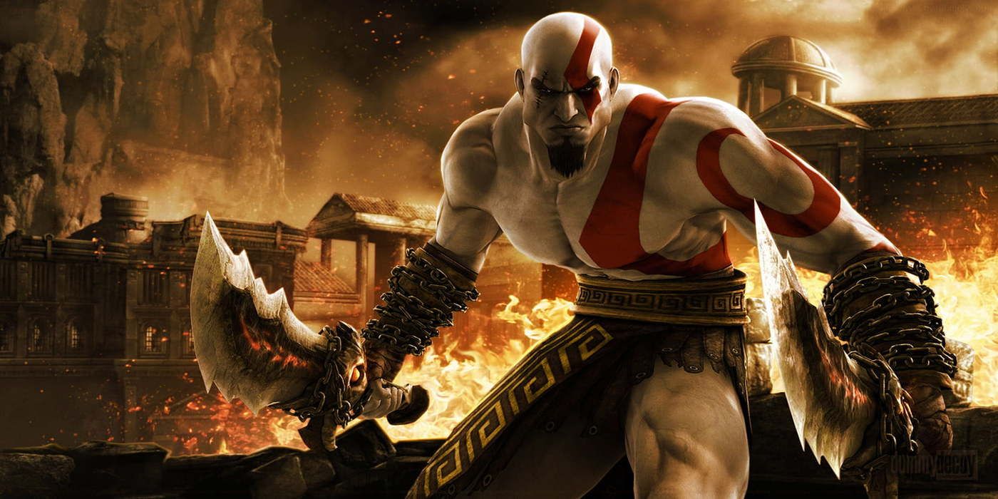 Kratos devant une ville en flammes