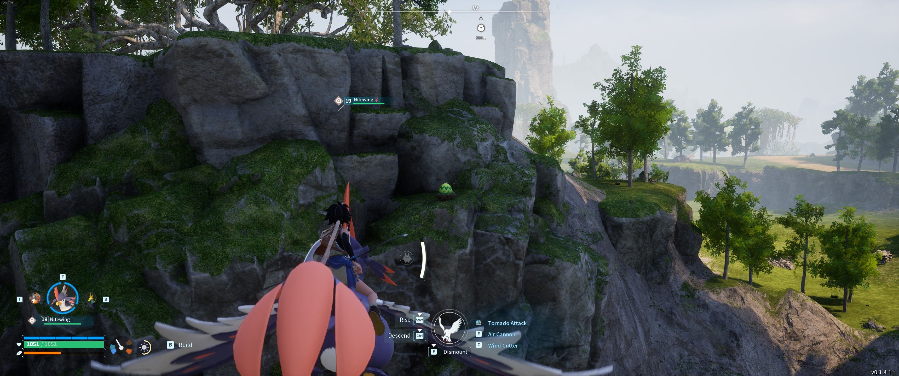 Palworld: The player flies Nitewing to a Verdant Egg on a mountain ledge