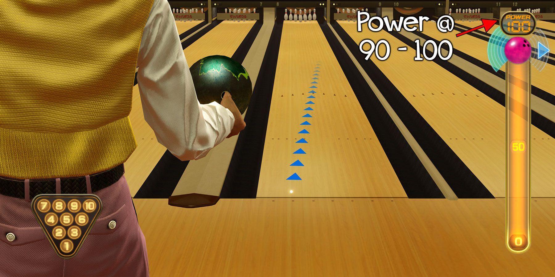 Kiryu cargando el nivel de potencia en el bowling en Yakuza 0