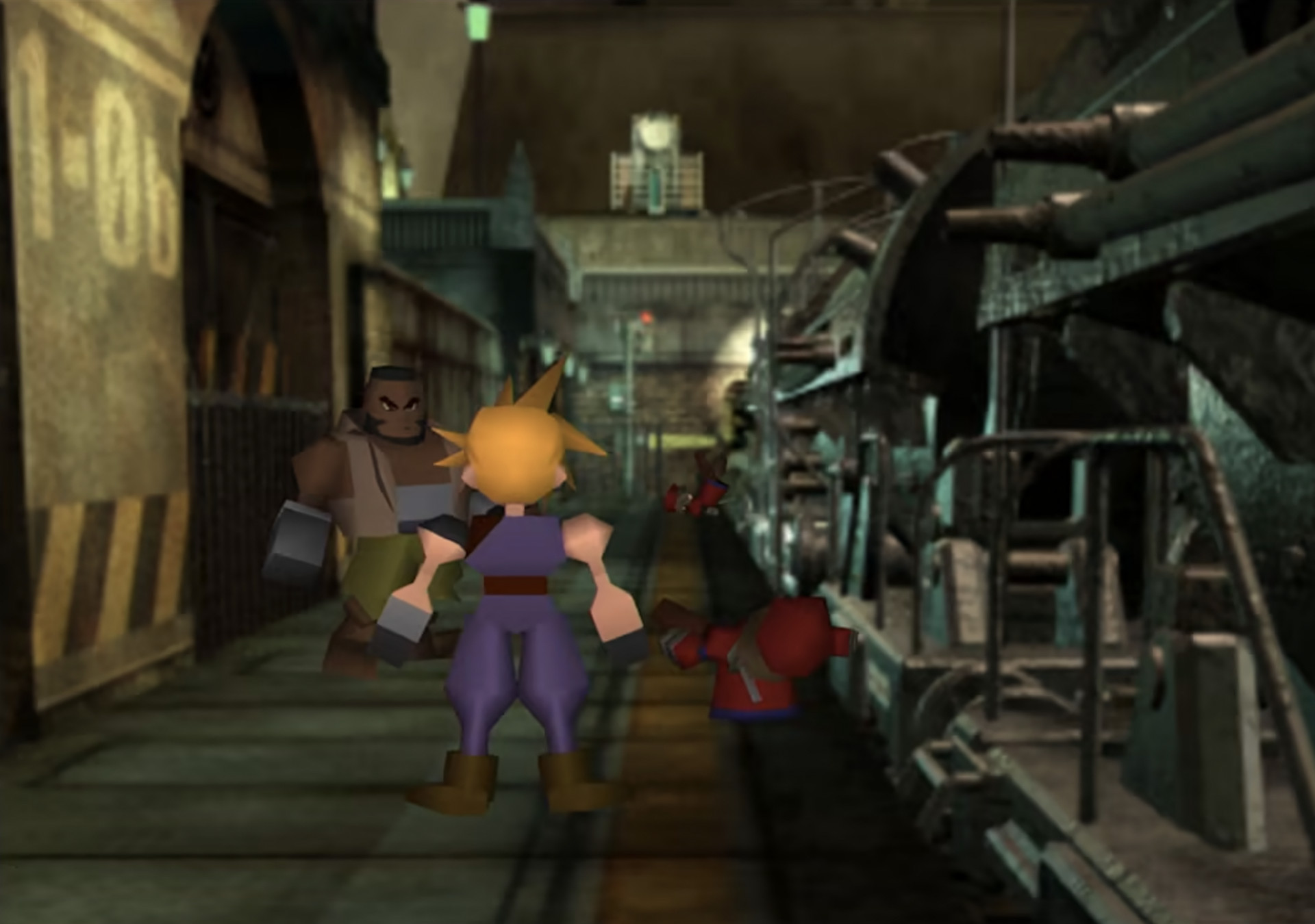 一張圖片展示了移植到任天堂Switch的原始《最終幻想7》遊戲。它展示了具有傳統PlayStation 1圖形的克勞德和巴雷特