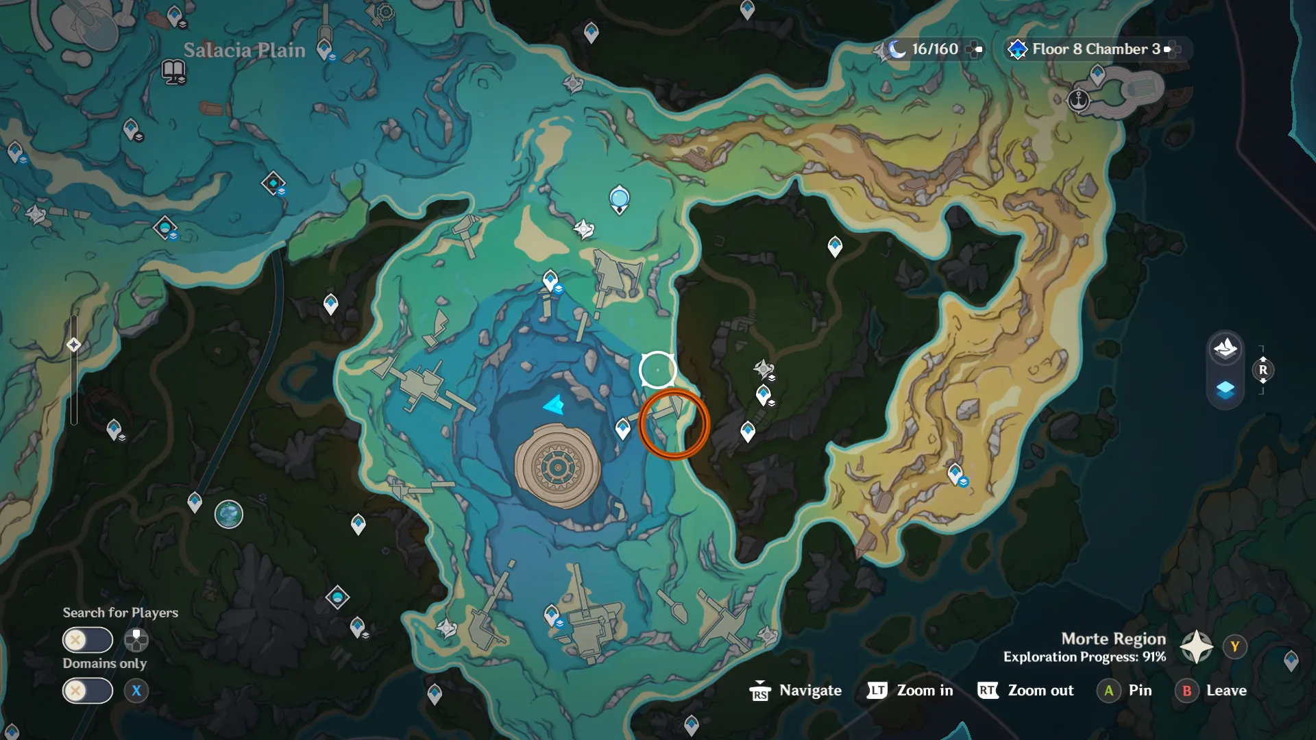 Карта подводной области региона Морт, показывающая местоположение карты Перил Ружа в игре Genshin Impact