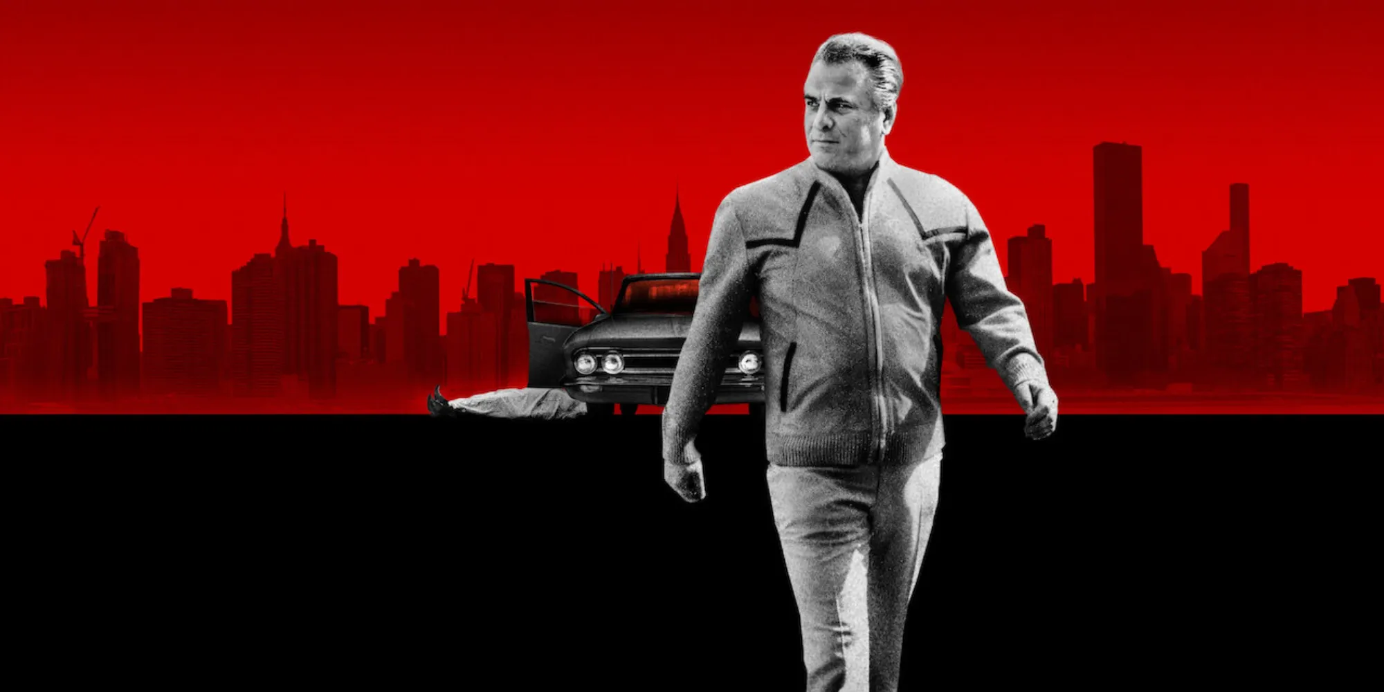 John Gotti on a red background of New York City