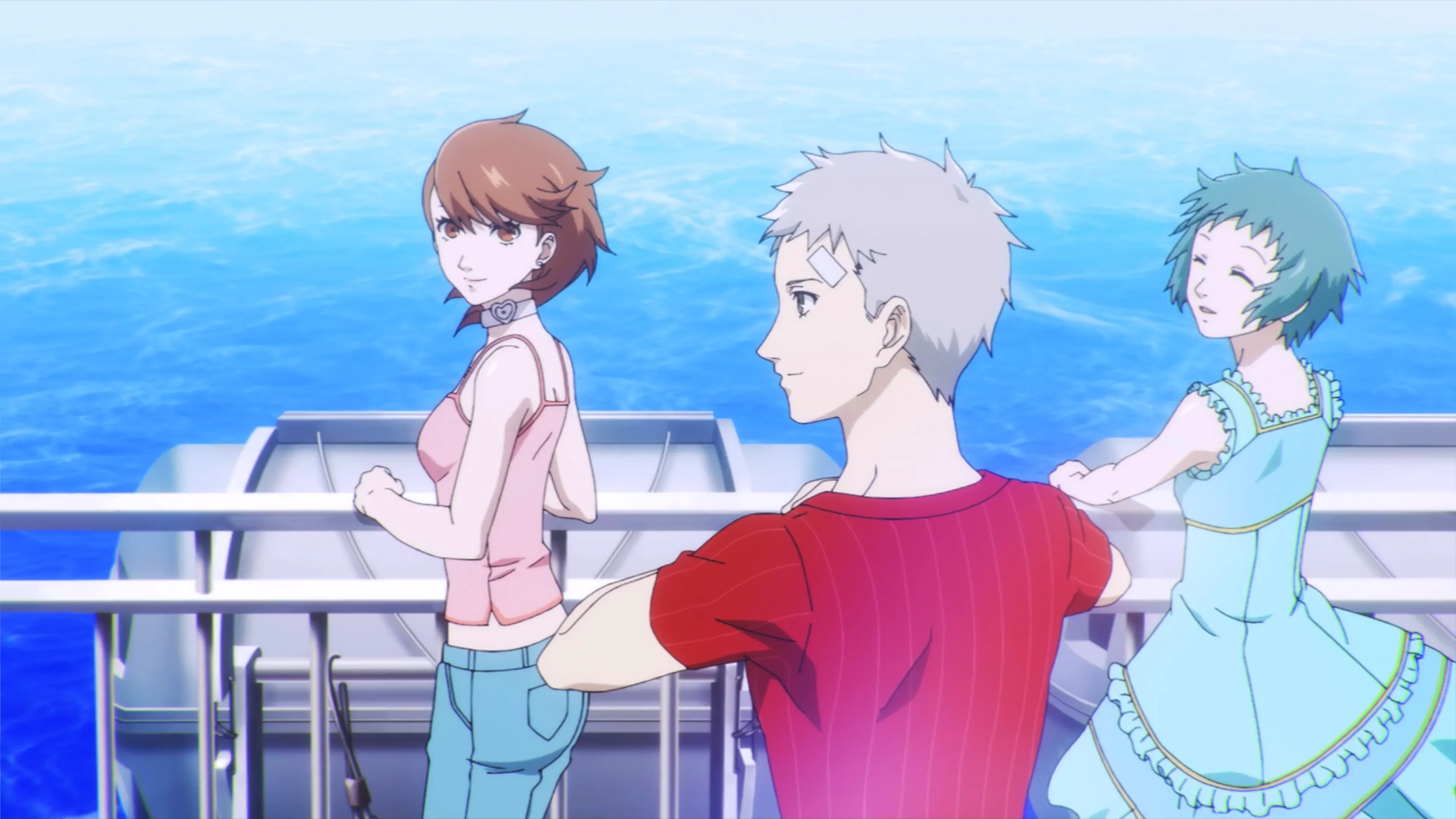 Yukari, Akihiko e Fuuka a bordo di una barca in Persona 3 Reload