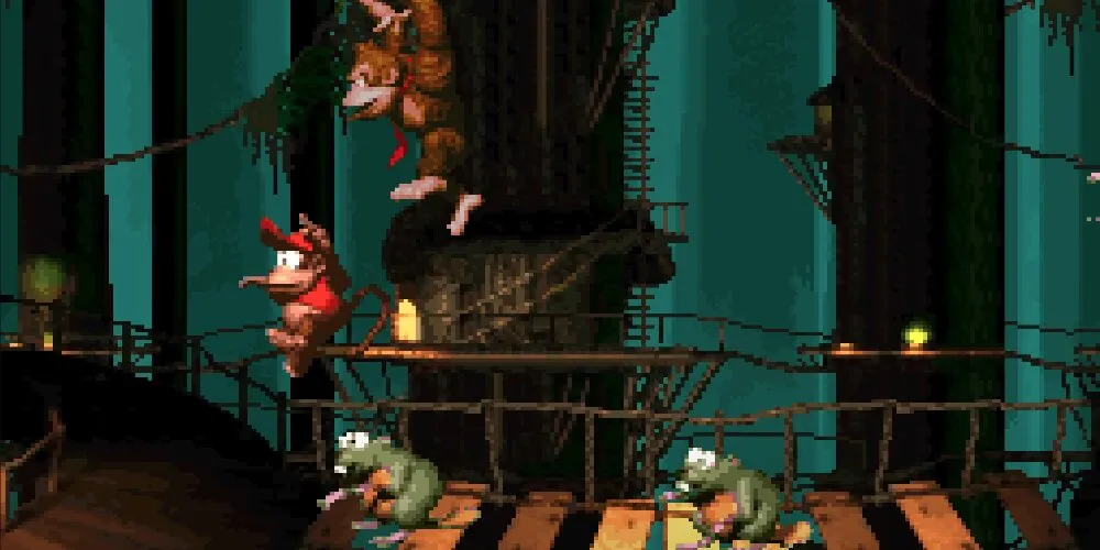 Donkey Kong y Diddy Kong saltando sobre dos ratas enemigas