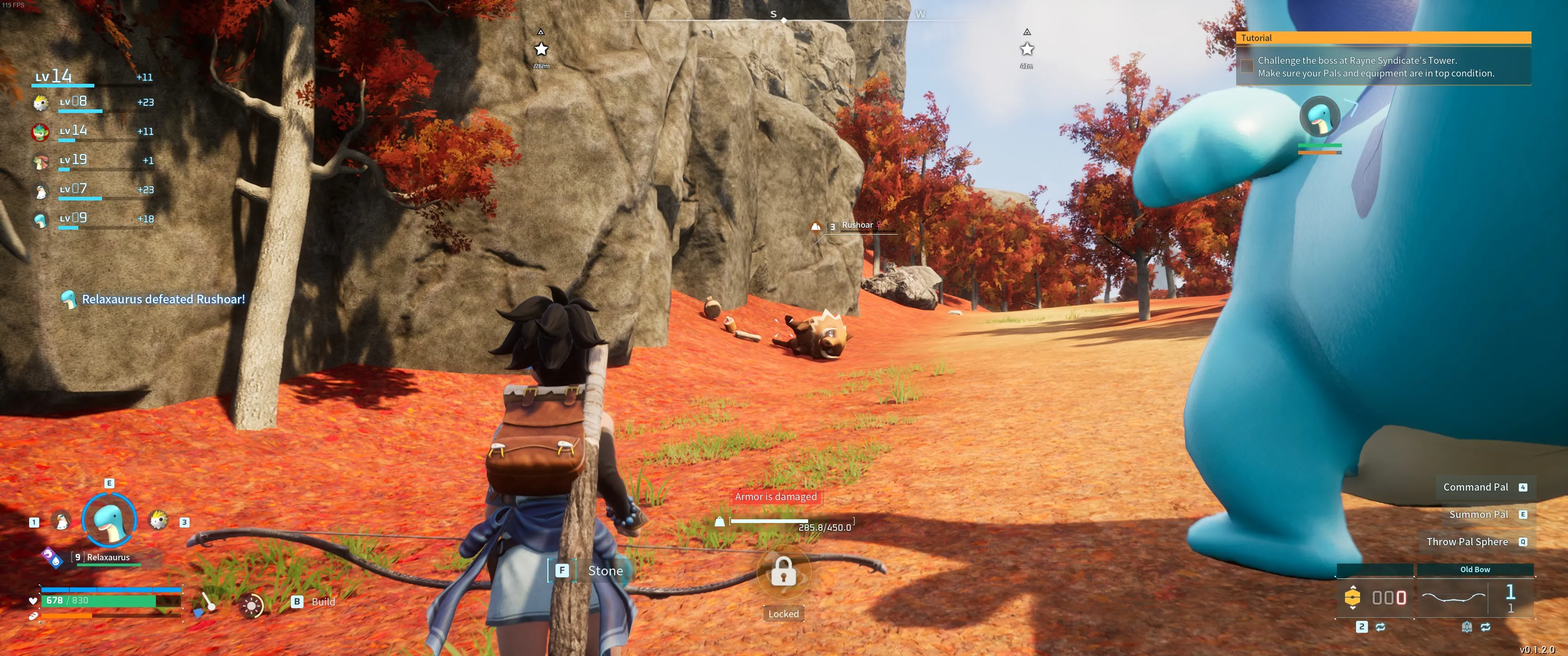 パルワールド：プレイヤーキャラクターがラッシュボアを狩った後にレザーを手に入れる画像
