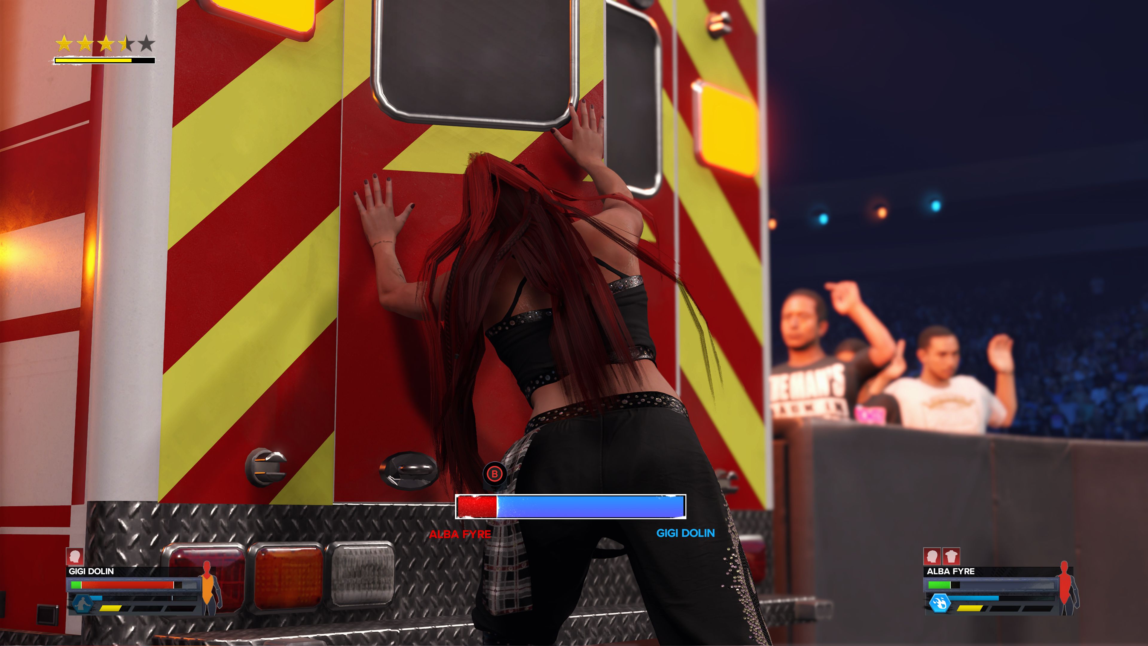 Alba Fyre closes the ambulance on Gigi Dolin in WWE 2K24.