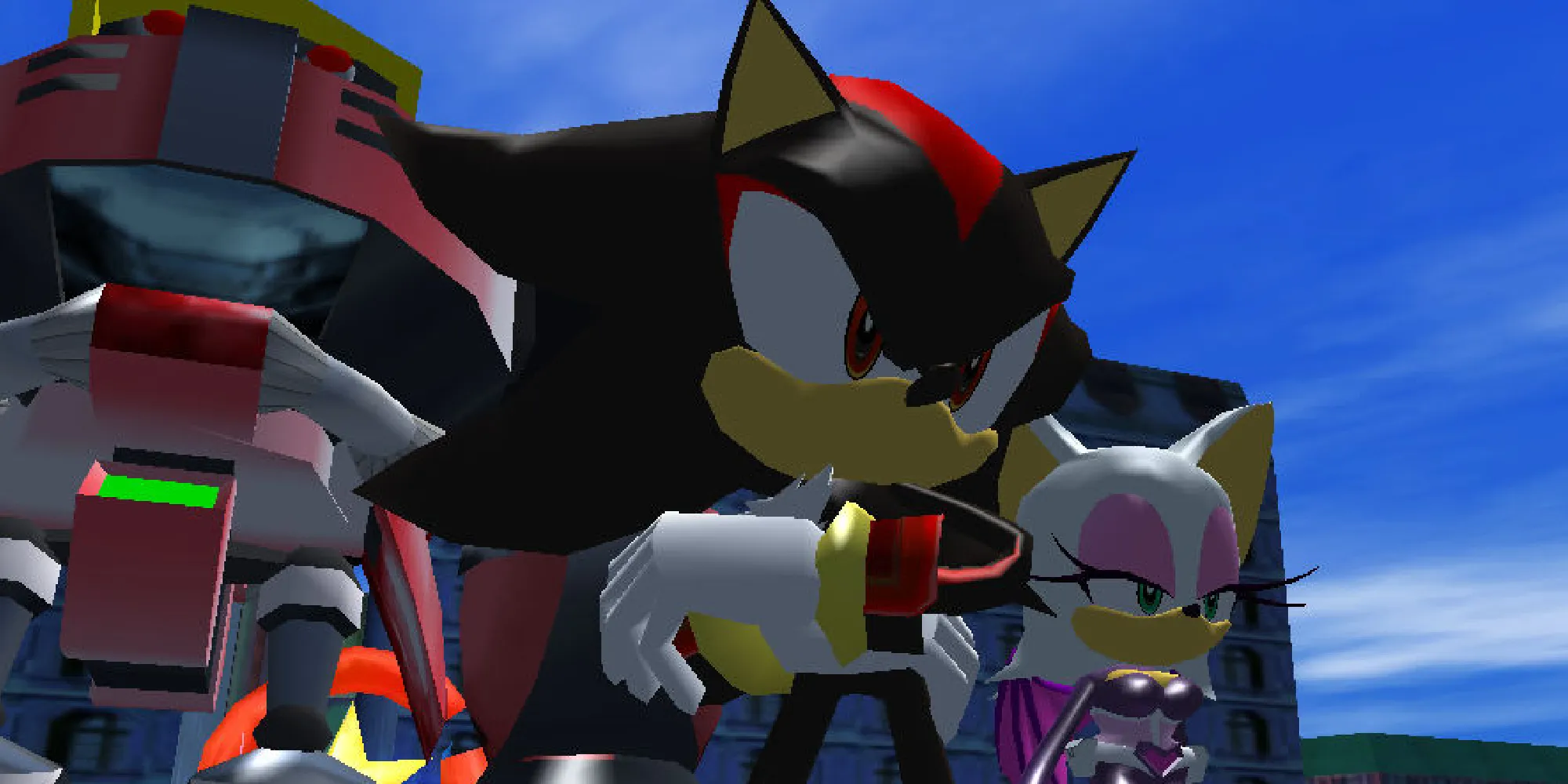 Shadow stands with Rouge the Bat and E-123 Omega in Sonic Heroes