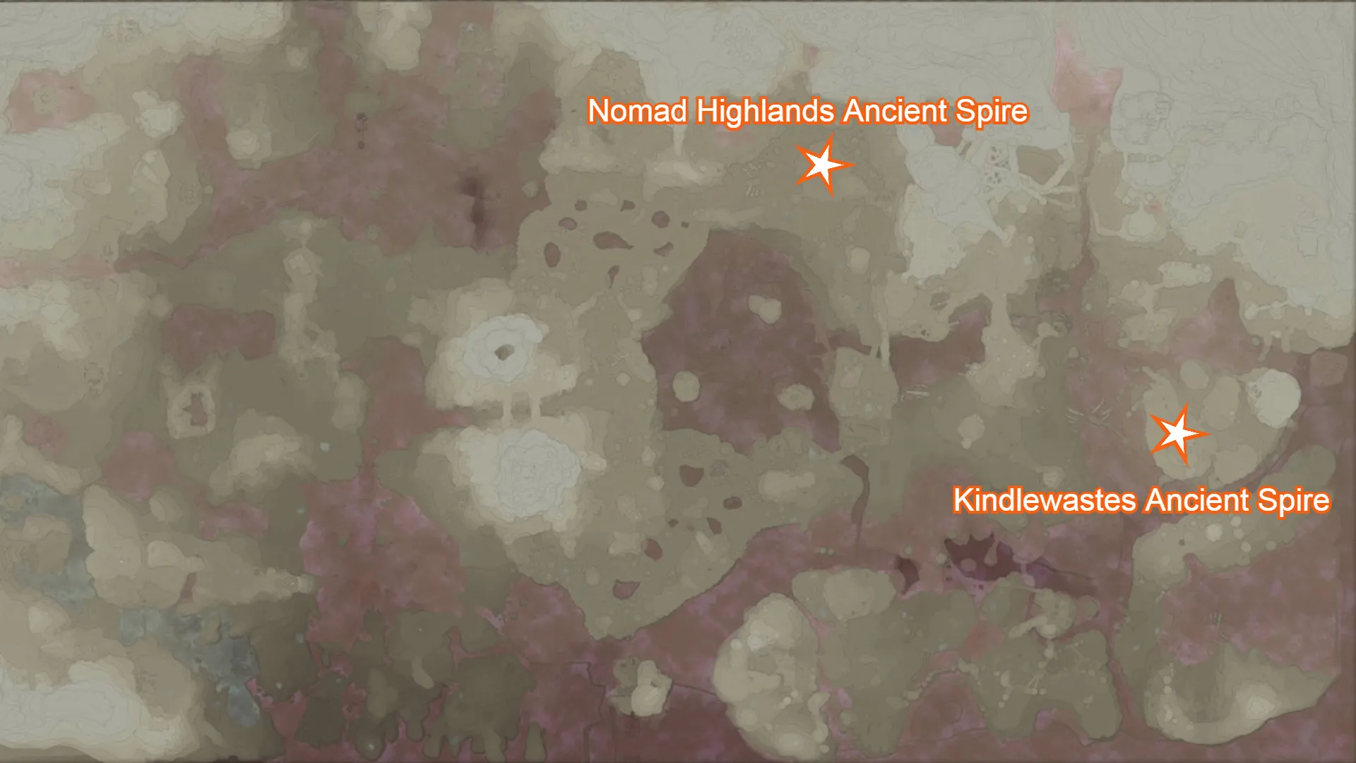 mappa di Enshrouded che mostra il Nomad Highland Spire e il Kindlewaste Spire