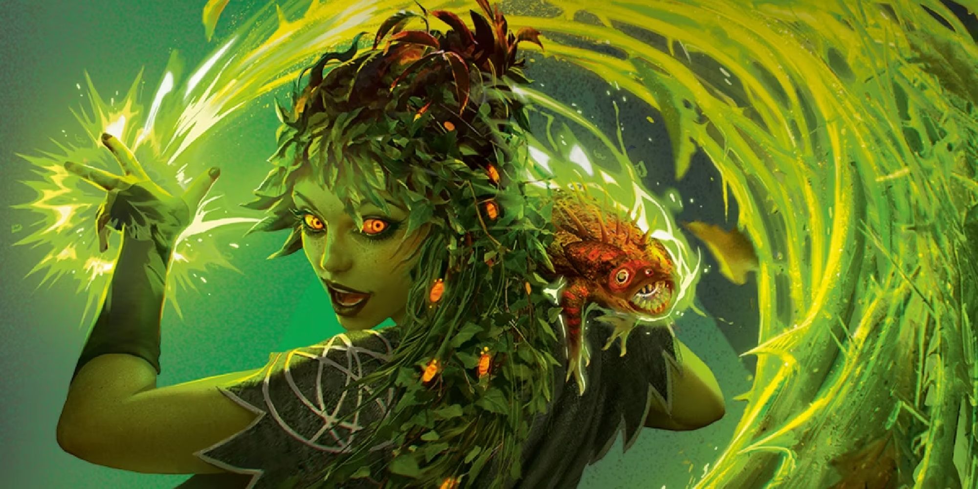Женщина с зеленой кожей и волосами в виде растений колдует заклинание зеленой энергии.