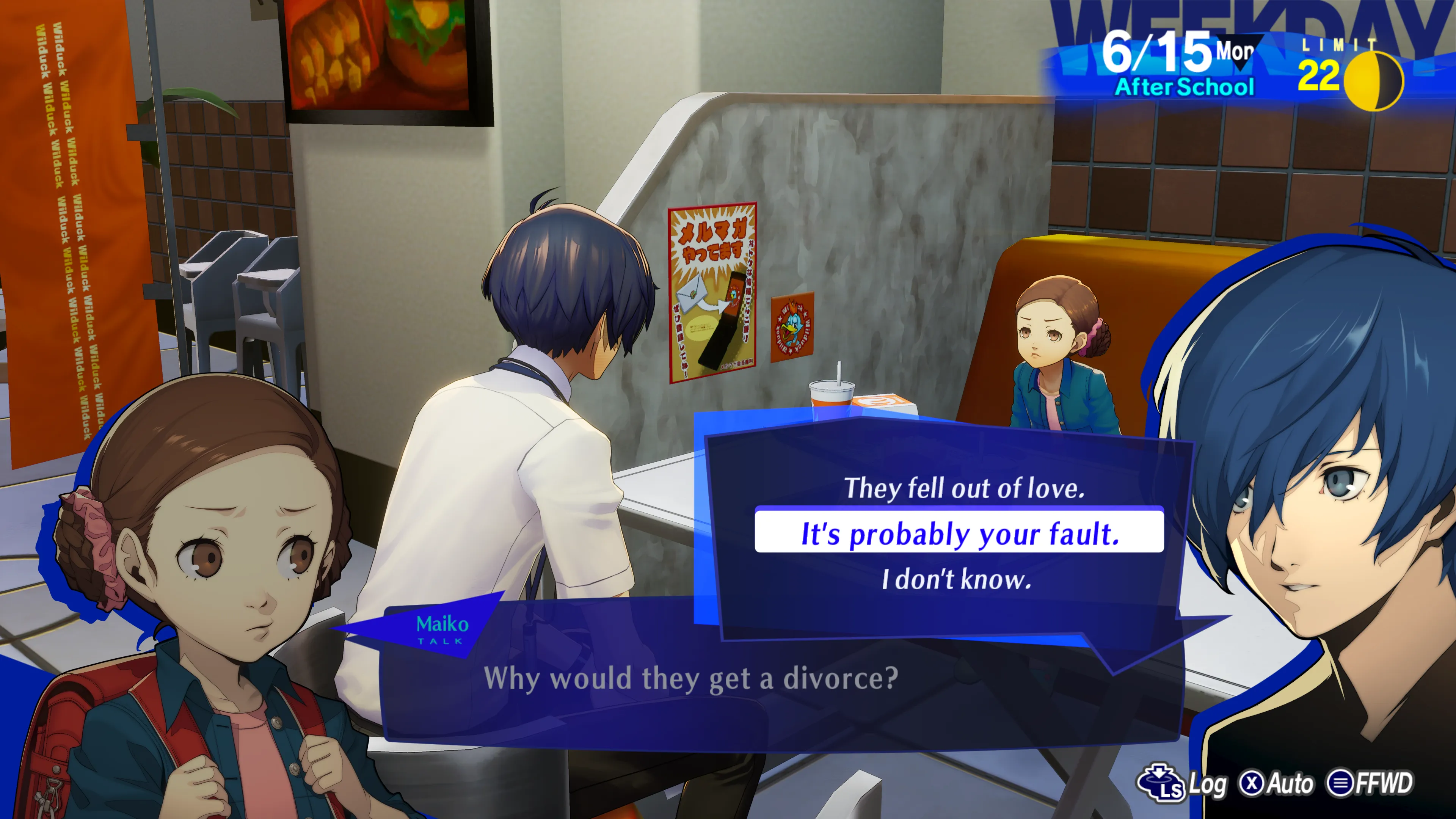 Persona 3 Reload personnage Maiko s'inquiétant du divorce de ses parents chez Wilduck Burger
