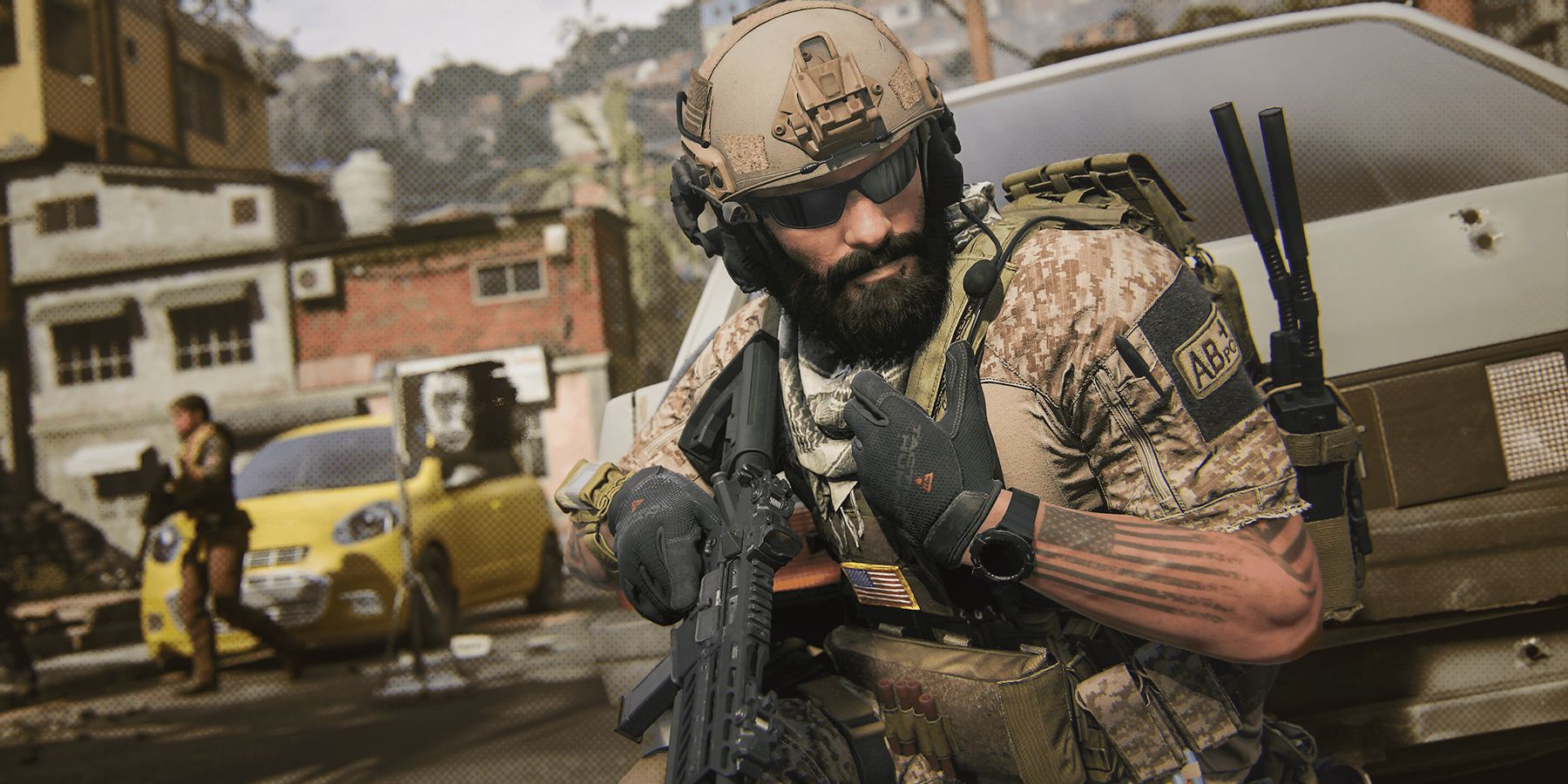 Call of Duty Modern Warfare 3 Favela action operator close-up faint dot halftone edit