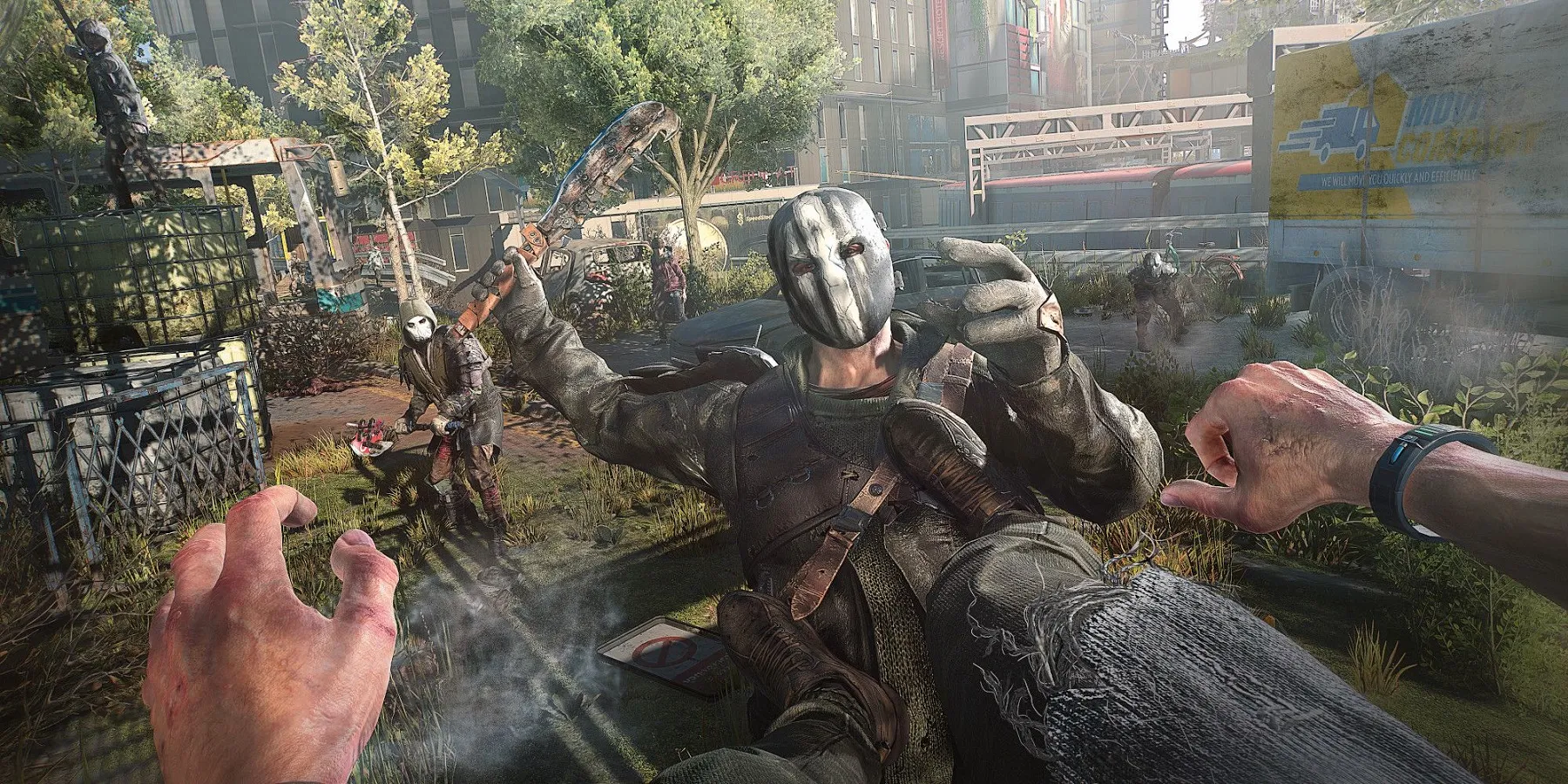 Скриншот из Dying Light 2, показывающий игрока, пинающего врага.
