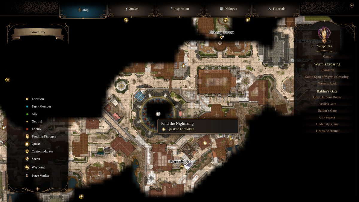 Карта Нижнего Города в Baldur's Gate 3