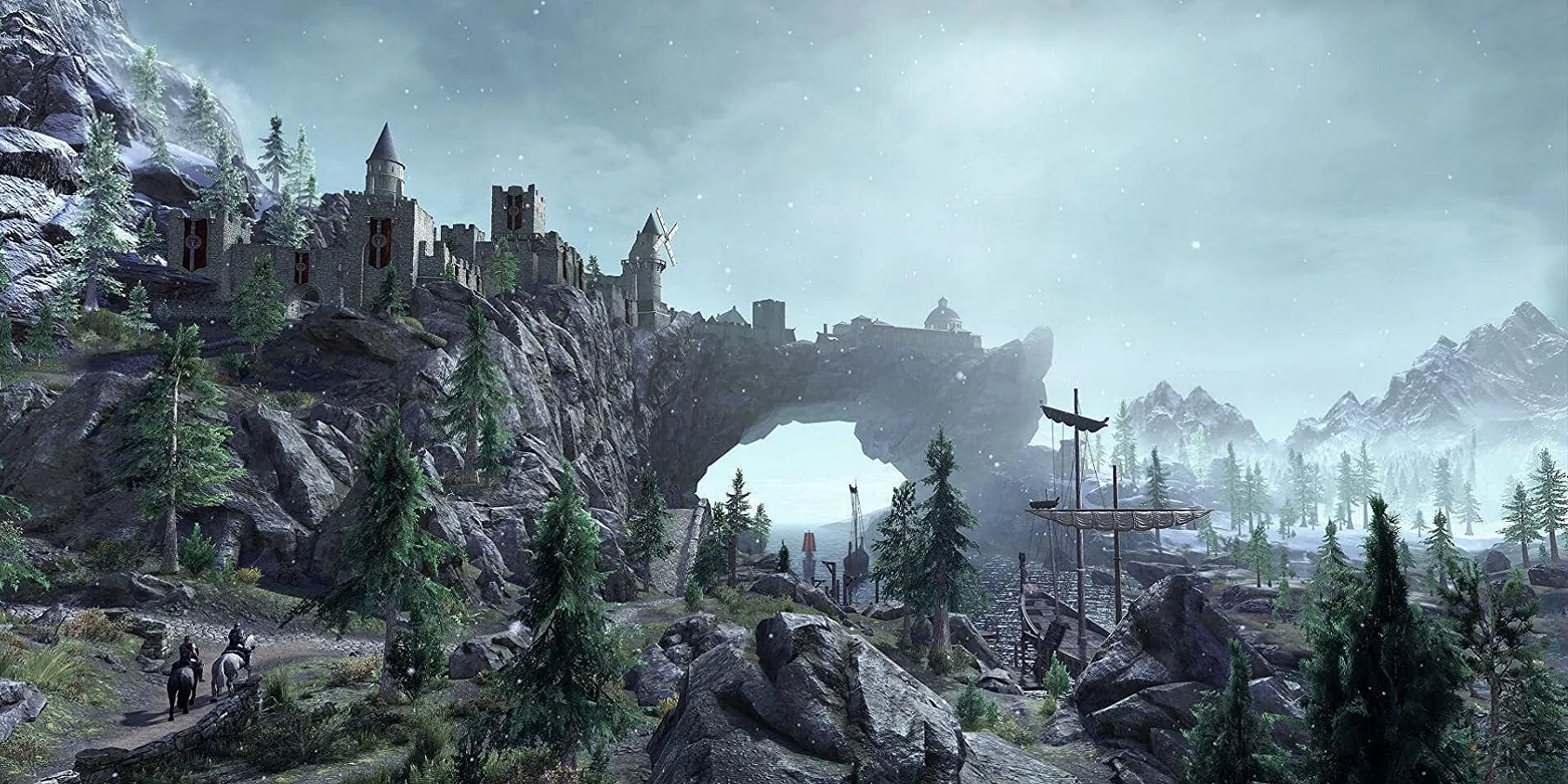 Image de Skyrim montrant la ville de Solitude au loin, avec les quais à proximité.