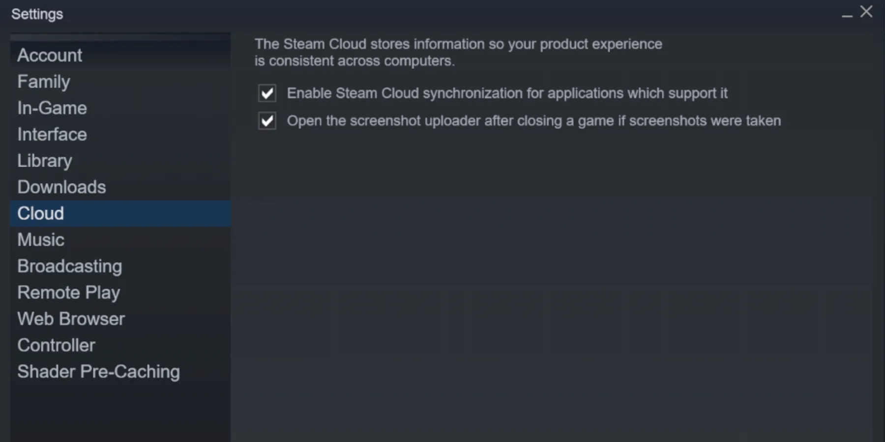 Cloud saving on Steam settings PC