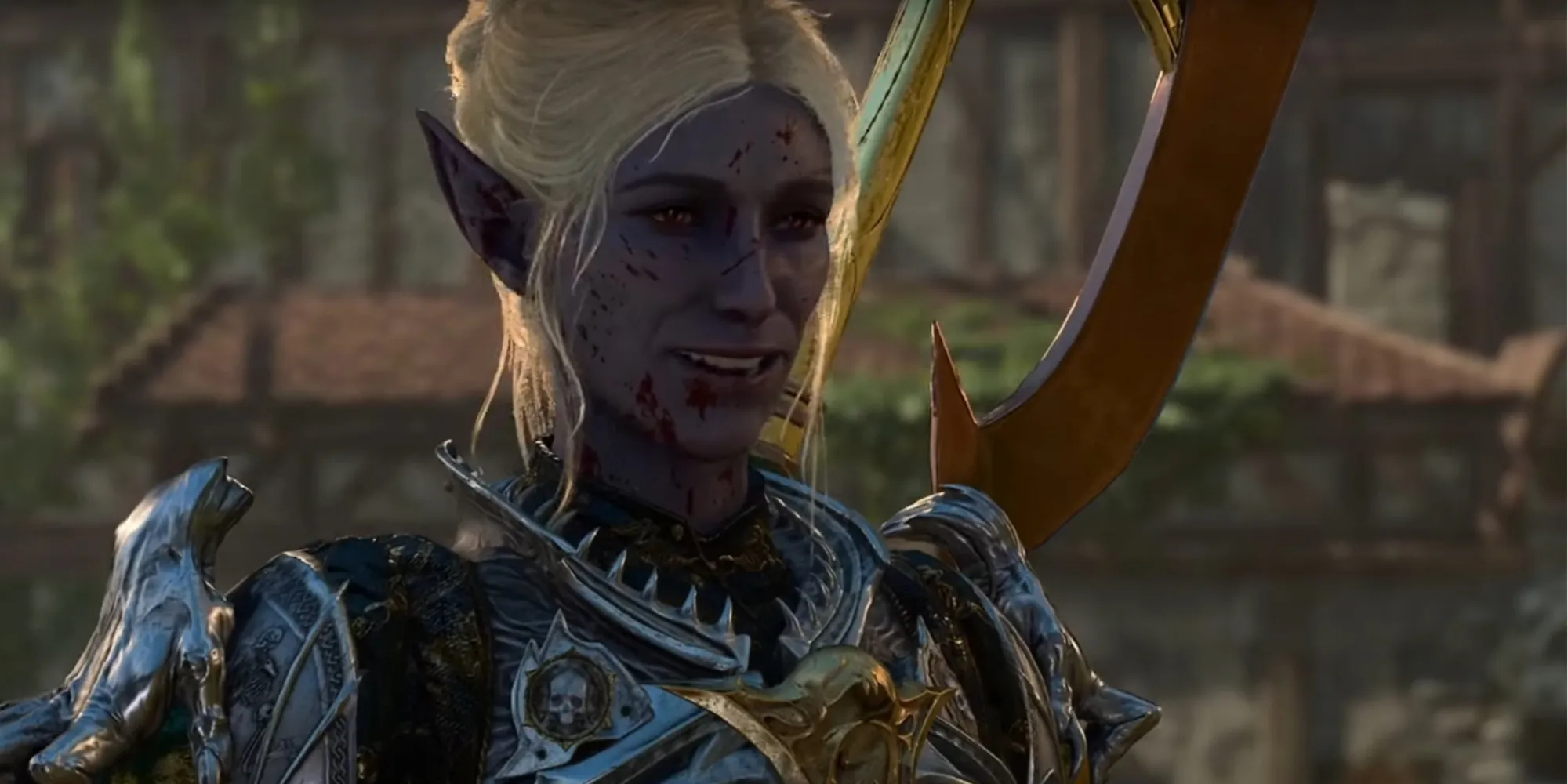 Minthara The Female Dark Elf, Wearing Heavy Armor And A Greataxe, Laughs