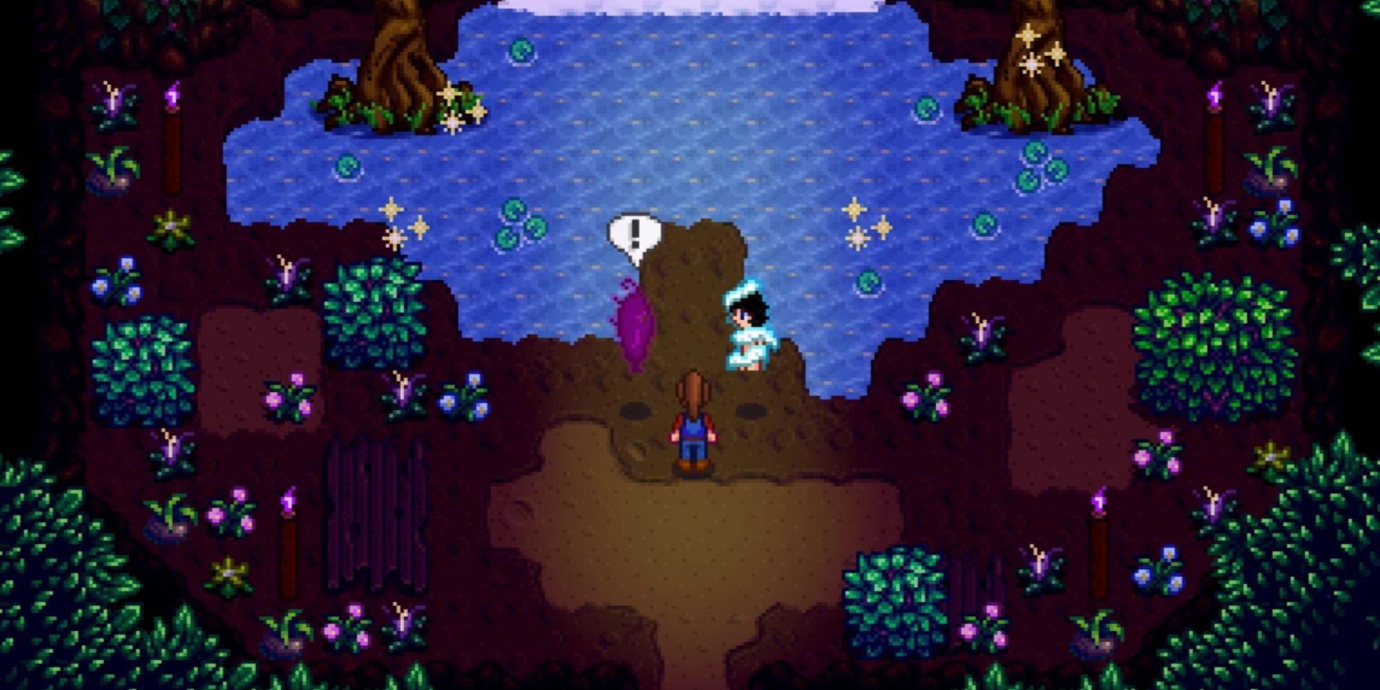 Stardew Valley modのLunna、農夫が魔法の湖をのぞき見している