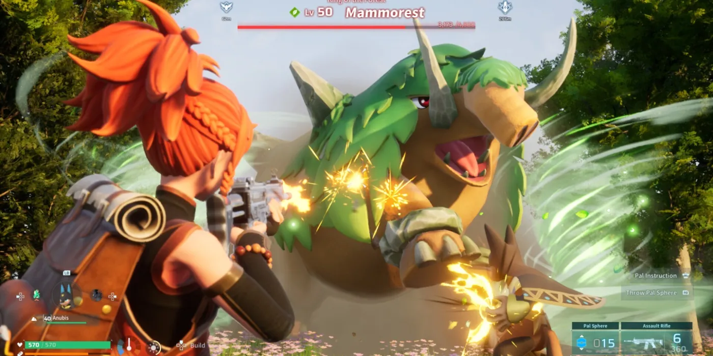 Una captura de pantalla de una batalla de Palworld con un jugador disparando a un Mammorest.