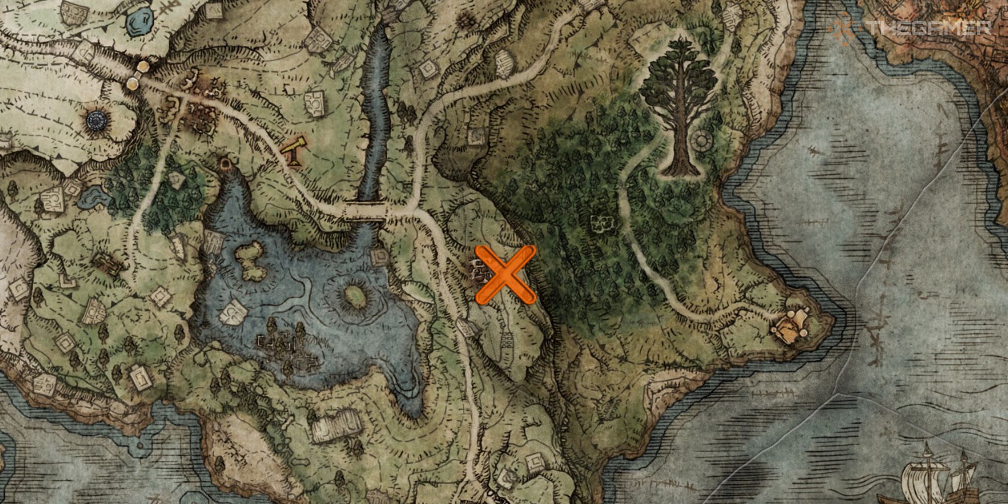 在《埃尔登环》中显示林格拉维路标废墟中女巫塞伦的第一个位置的地图