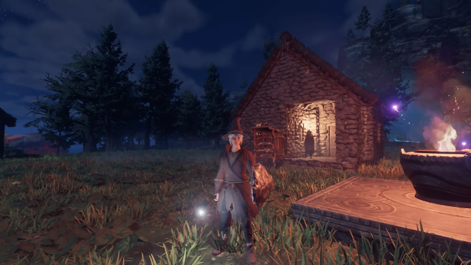 Игрок в плаще стоит с палочкой в темноте