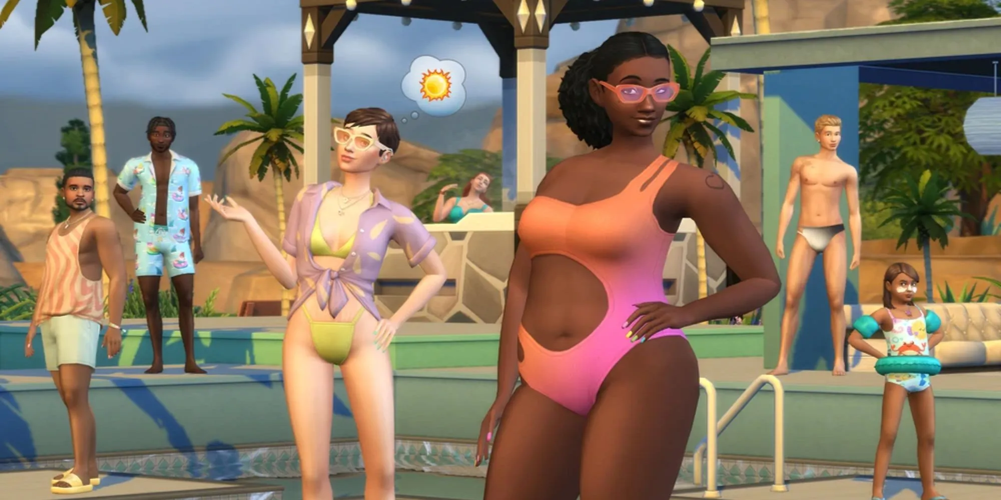 Sims 4 Poolside Splash Kit: Шесть Симов моделируют разную пляжную одежду из набора, включая ребенка на надувном круге и нарукавниках