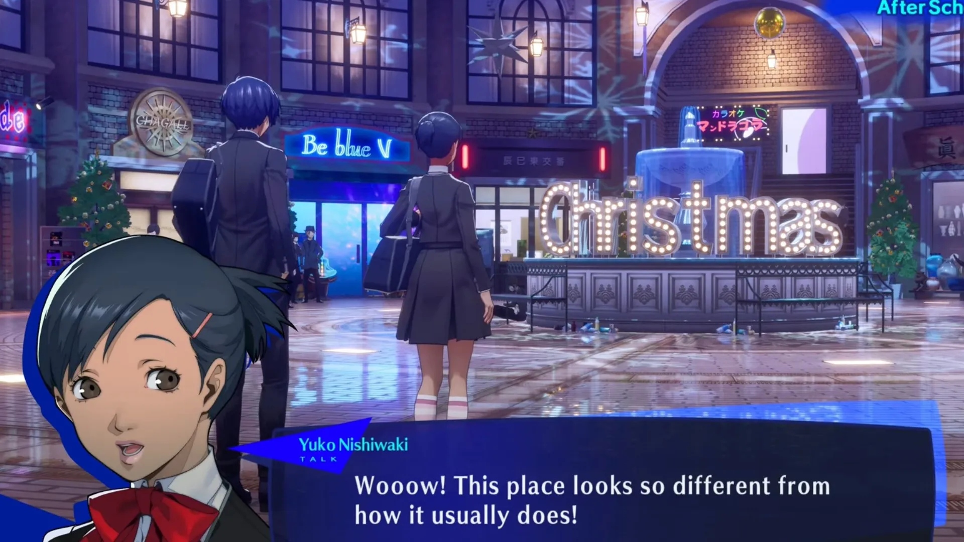 Юко восхищается рождественскими украшениями в Persona 3 Reload.