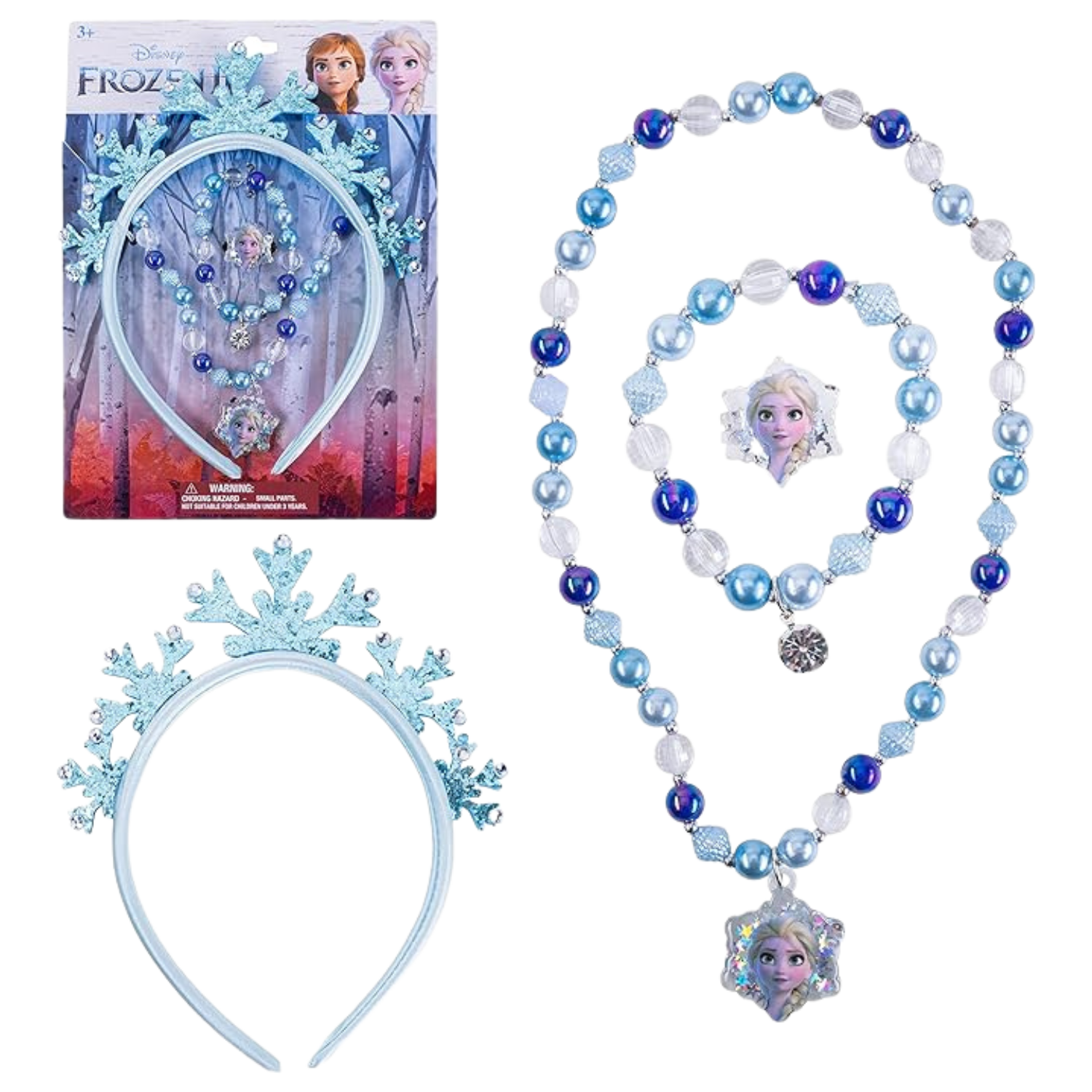 Questa immagine mostra l'imballaggio e i contenuti della corona e del set di gioielli di Frozen.