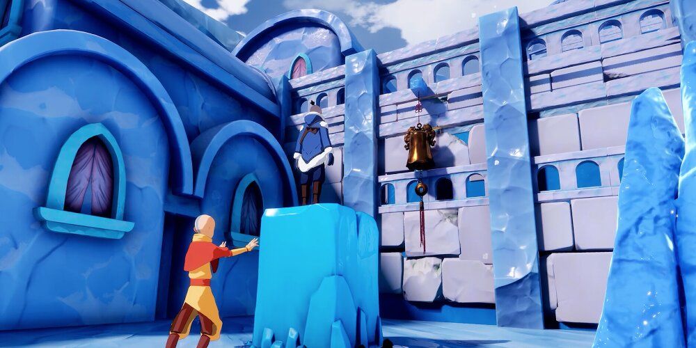 Aang raising up an ice pillar with Sokka standing on top of it