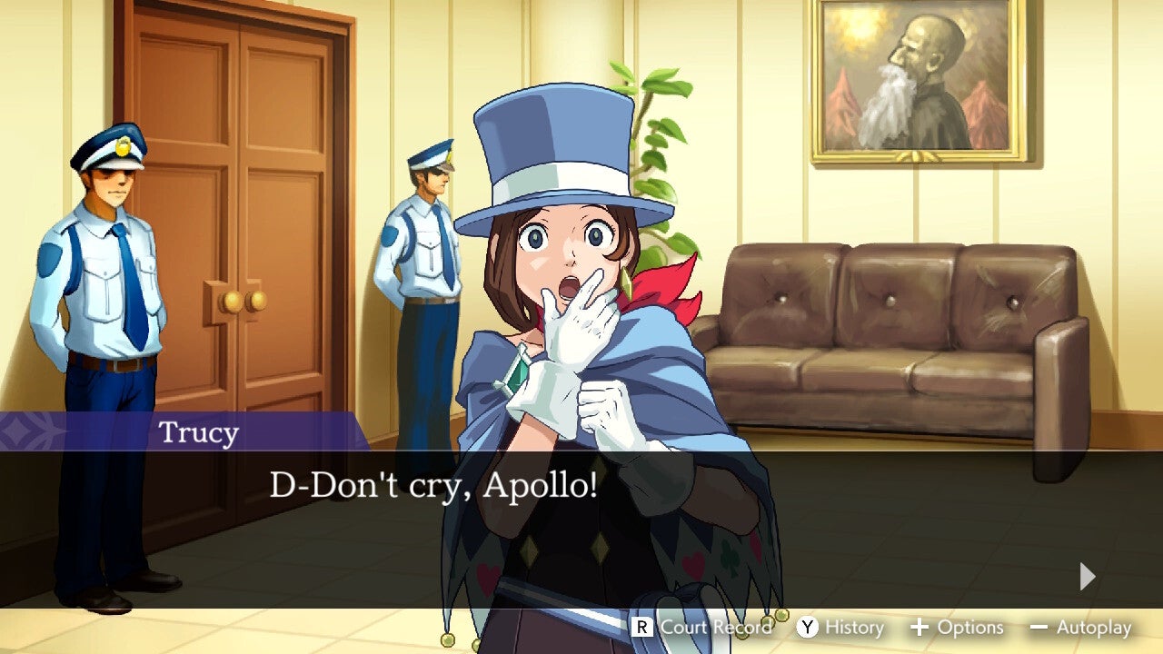 Schermata di Apollo Justice Trilogy che mostra un personaggio con un cilindro che dice "Non piangere, Apollo!"