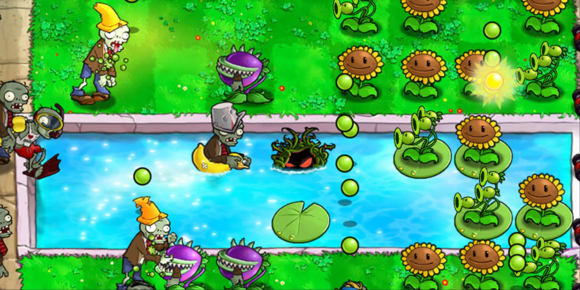 Zombies en el agua y en la tierra atacando plantas en Plants Vs. Zombies