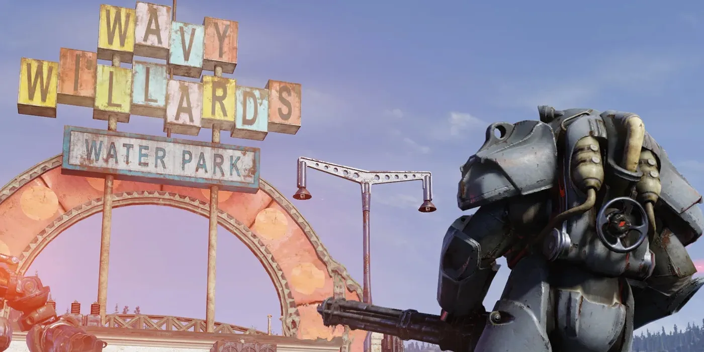 Giocatore di Fallout 76 con armatura motorizzata di fronte a un cartello colorato che dice “GameTopic”