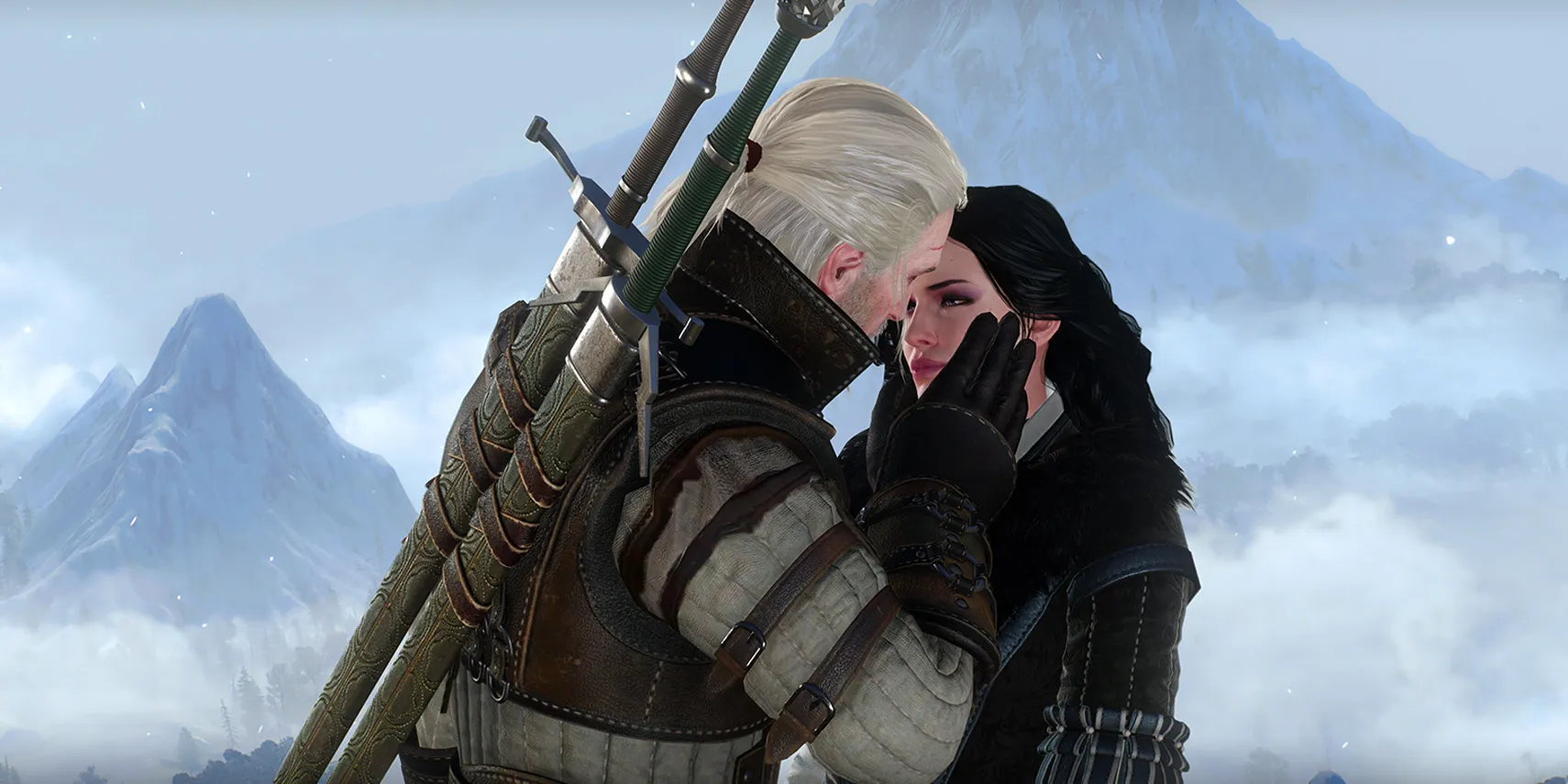 Captura de pantalla de Witcher 3 de Geralt y Yennefer besándose