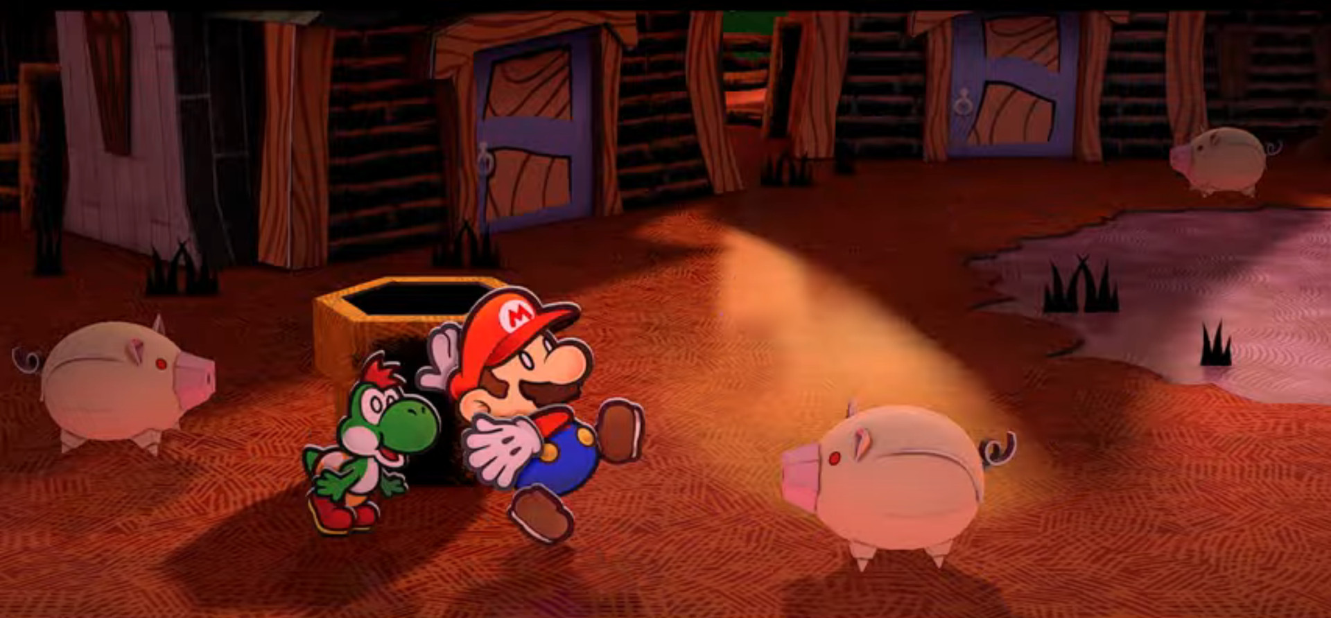 Paper Mario и Paper Yoshi в ужасе отступают перед зловещей бумажной свиньей в переиздании Paper Mario: Дверь в тысячелетие для Switch