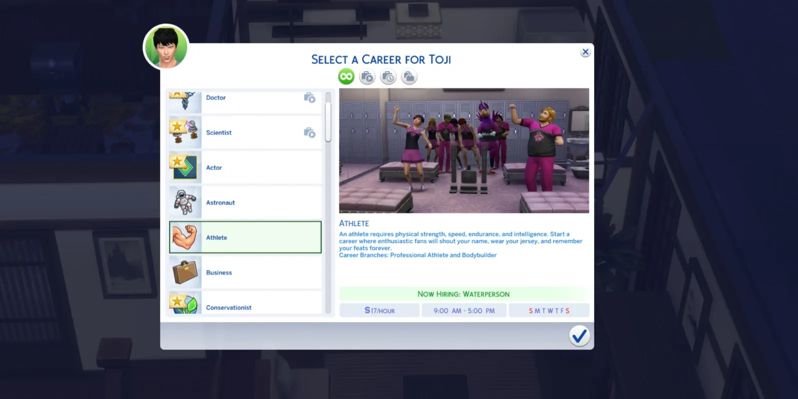 Los Sims 4: Una imagen de la página de selección de Carrera de Atleta