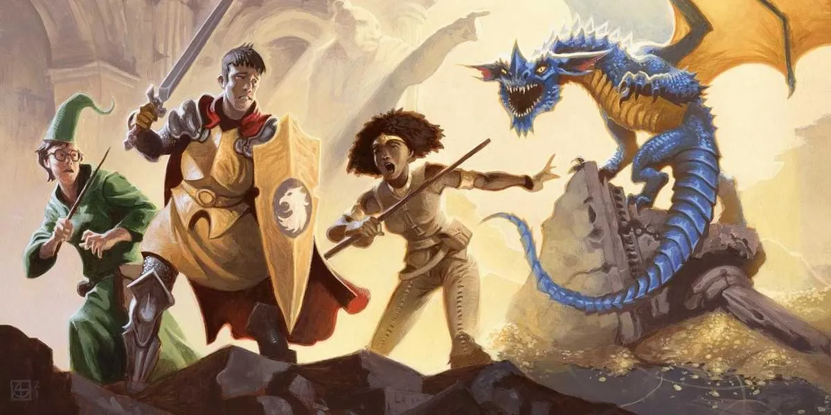 Tres aventureros: un mago, un guerrero y un monje huyen de un dragón azul