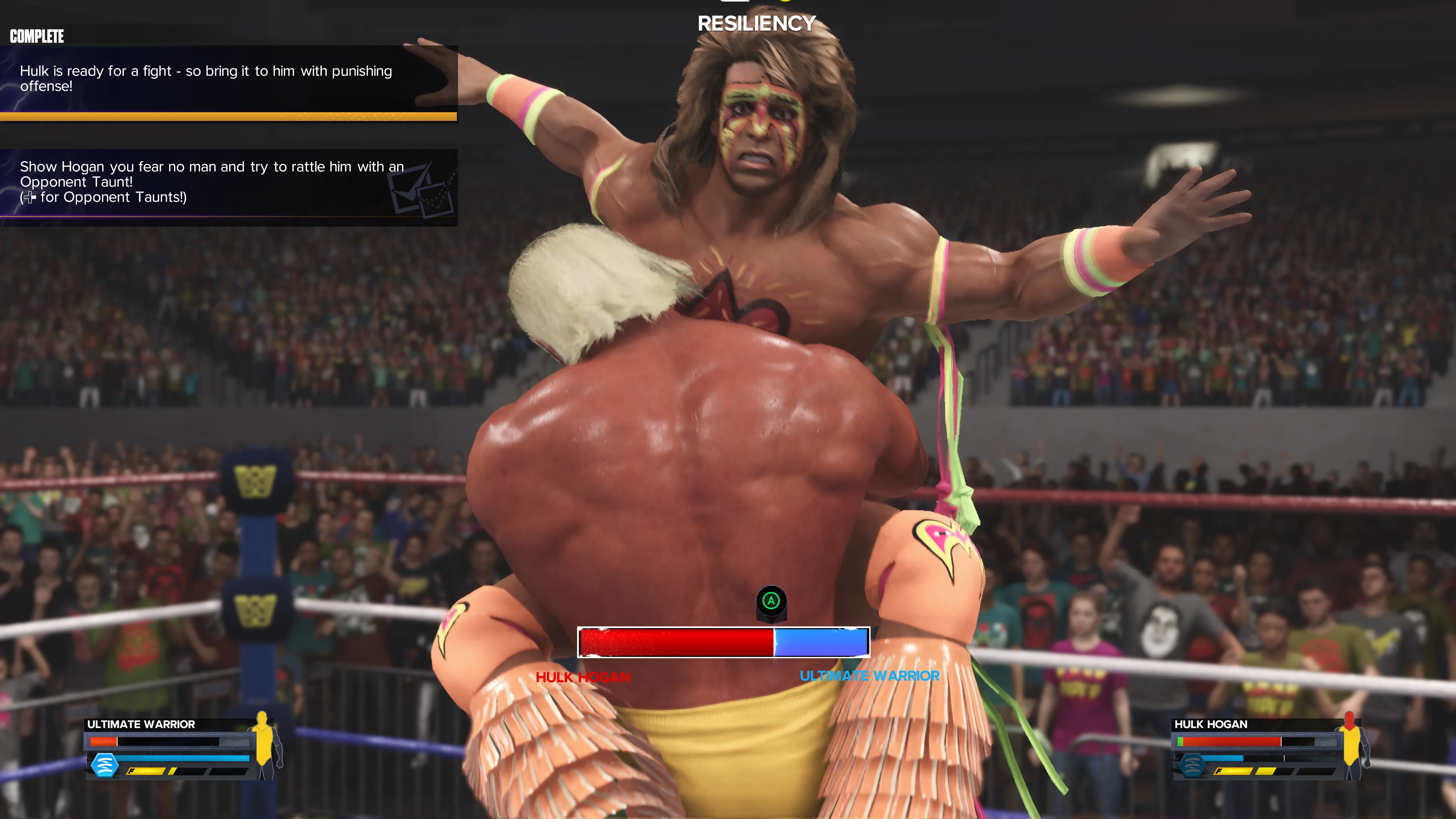 Hulk Hogan holds The Ultimate Warrior in a submission move