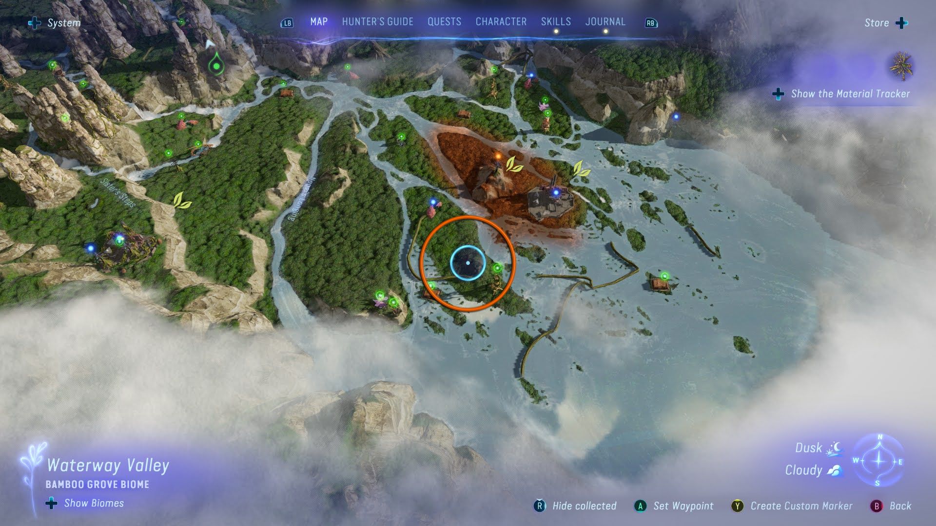 Un círculo que muestra la ubicación de las versiones más raras de los brotes de bambú Stormsky en Avatar Frontiers of Pandora