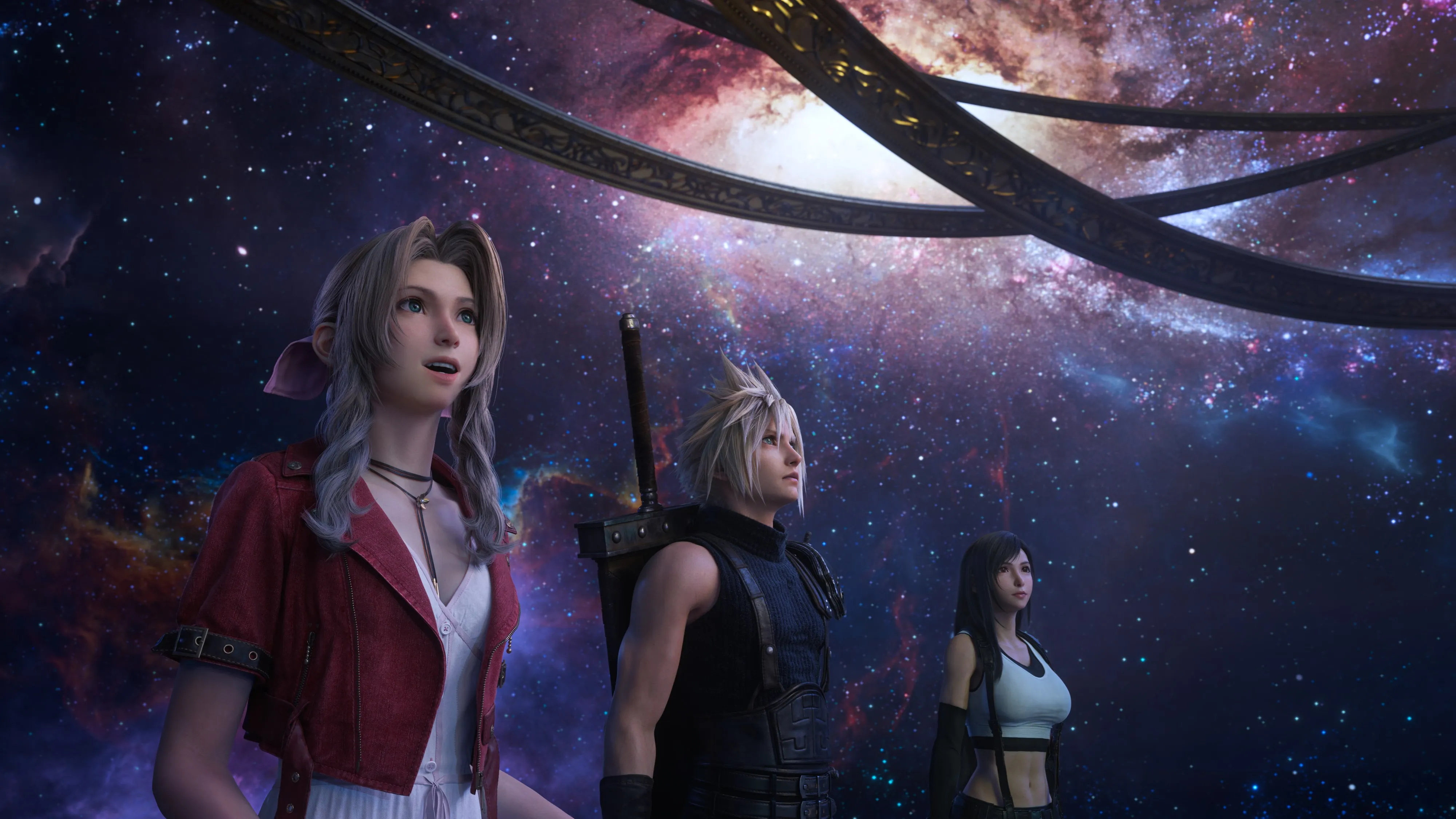 Final Fantasy 7 Rebirth - Cloud, Tifa et Aerith regardant l'univers