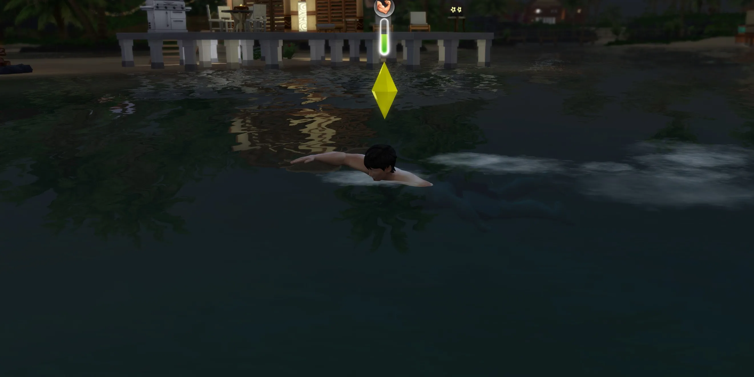 Los Sims 4: Un Sim nadando de noche