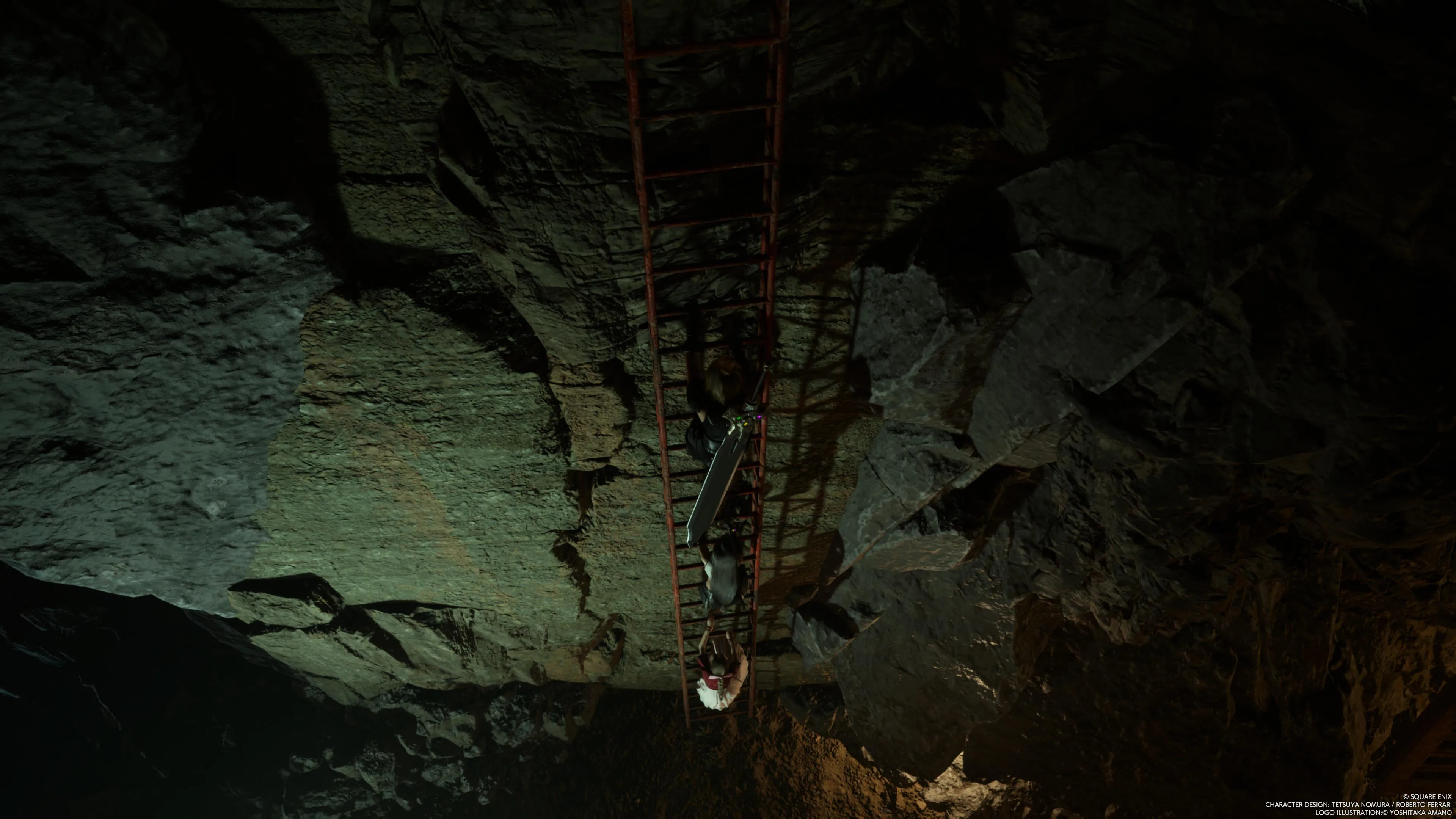 《最终幻想7 重生》中克劳德、艾瑞斯和蒂法在秘银矿洞攀爬梯子的图像