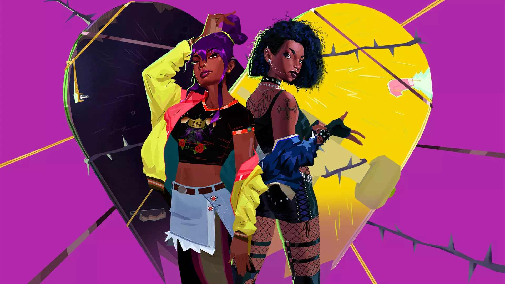 Thirsty Suitors的艺术品截图，两个主要角色背对背站在一个黄黑色爱心前面，背景是明亮的紫粉色。