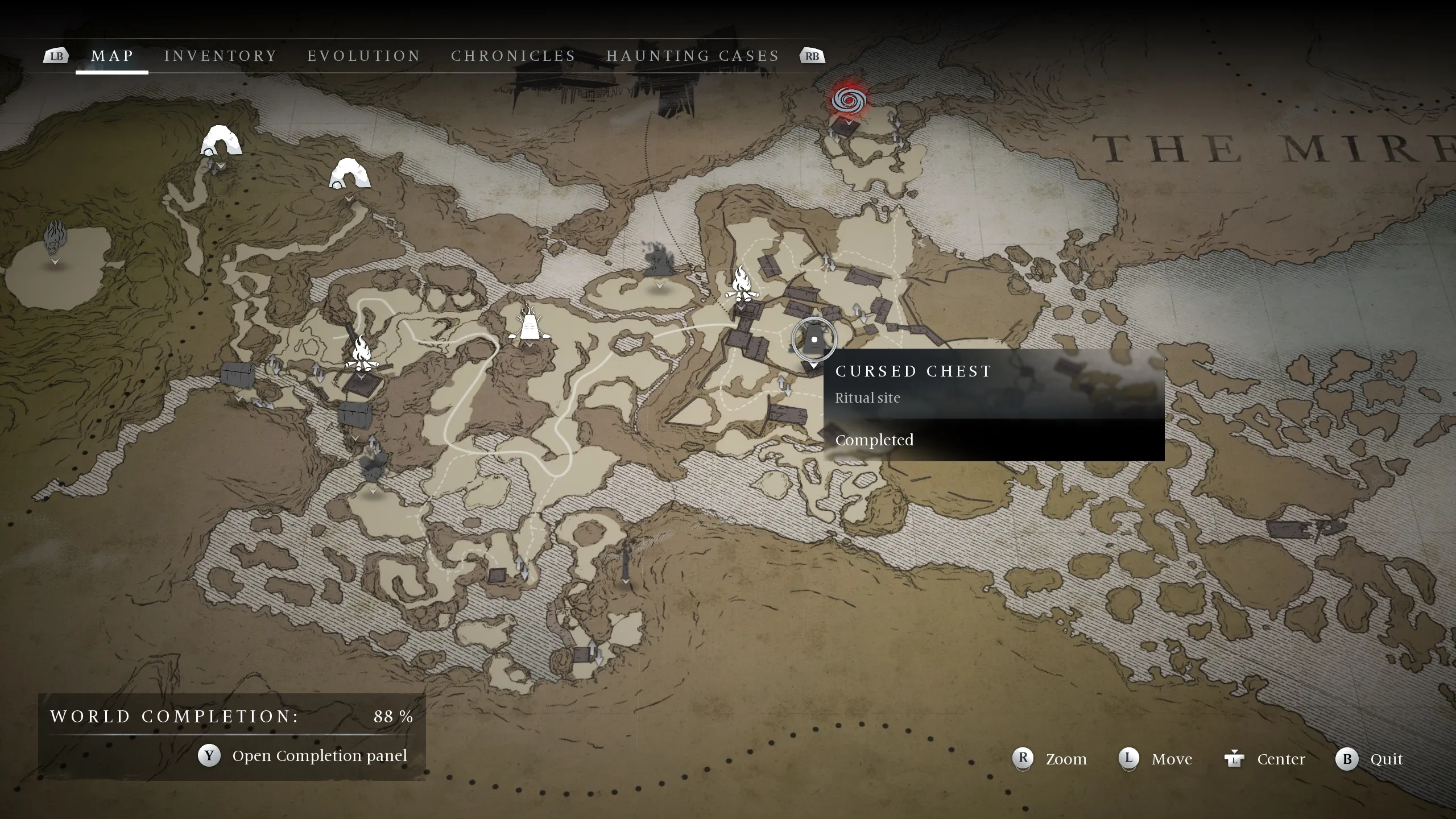 Un'immagine sulla mappa che mostra la posizione del petto maledetto del Soldato - Banishers Fantasmi di New Eden