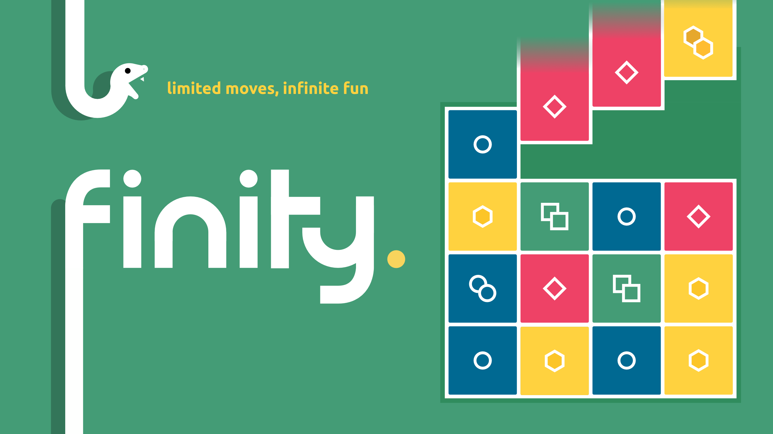 Logo di Finity. con una schermata di gioco colorata a destra
