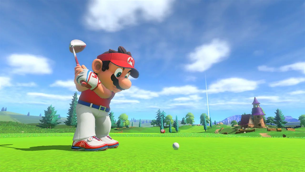 Mario fa un enorme swing in Mario Golf. Indossa una polo elegante, un visiera rossa e dei pantaloni bianchi perché non ha paura delle opinioni altrui.