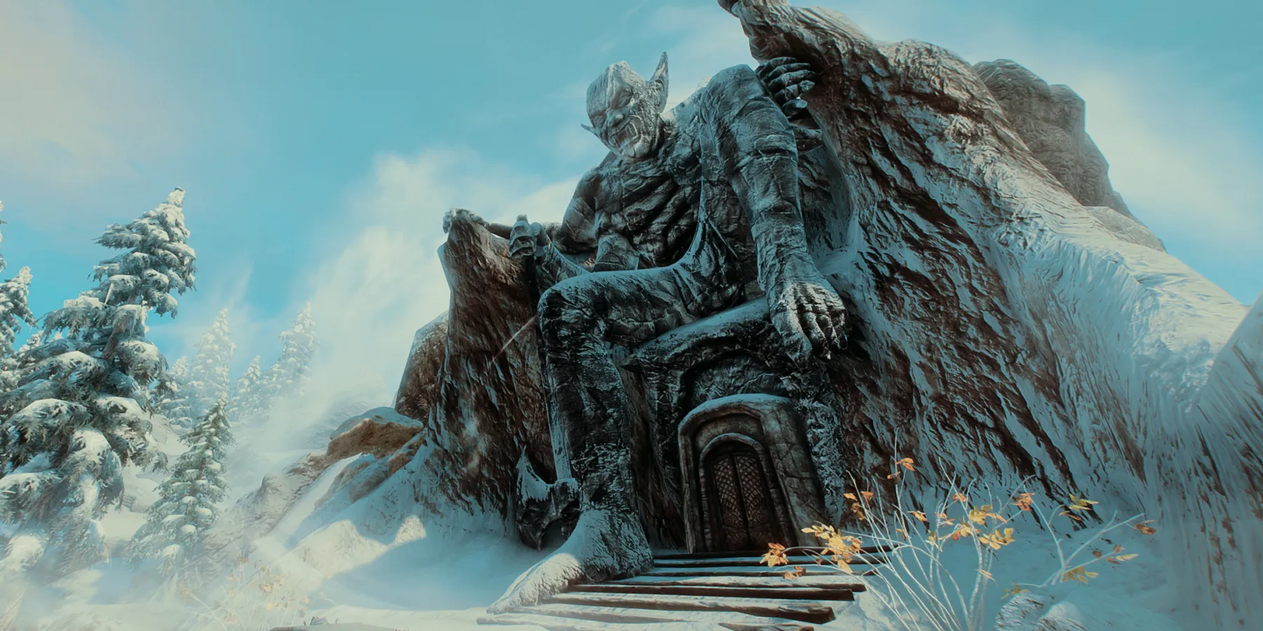 Screenshot da Skyrim che mostra l'esterno del santuario di Mehrune’s Dagon.