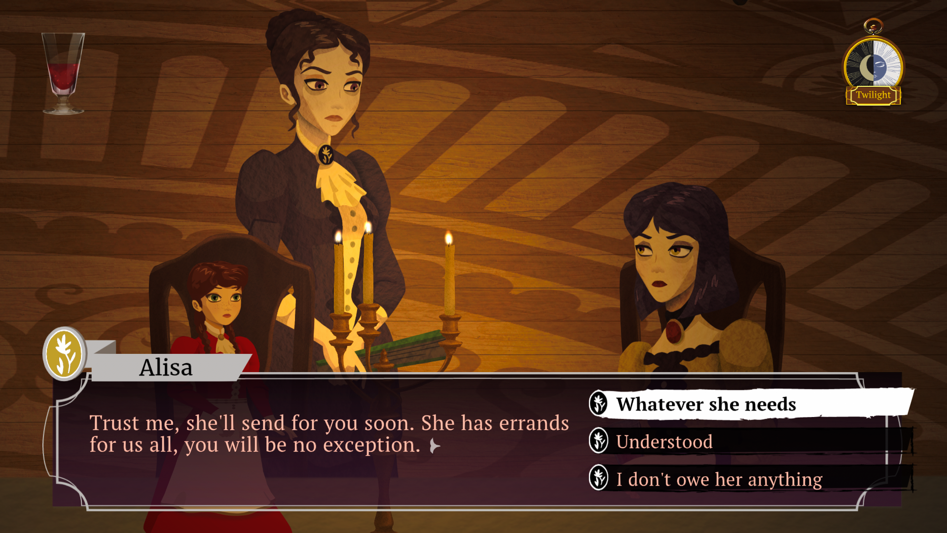 Capture d'écran de Cabernet d'une conversation avec Alisa et une poupée effrayante