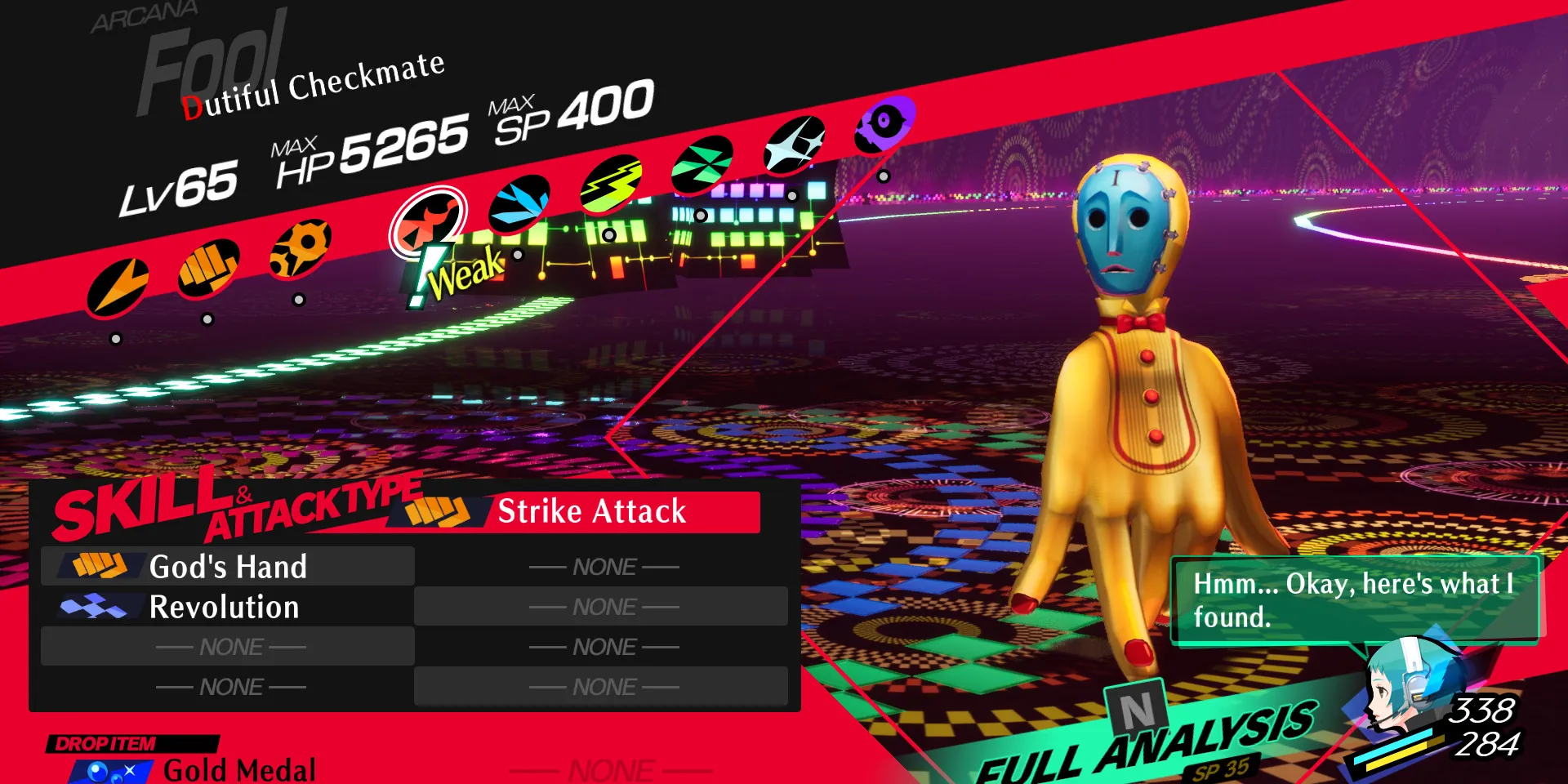 Image of the Dutiful Checkmate enemy’s weaknesses in Persona 3 Reload