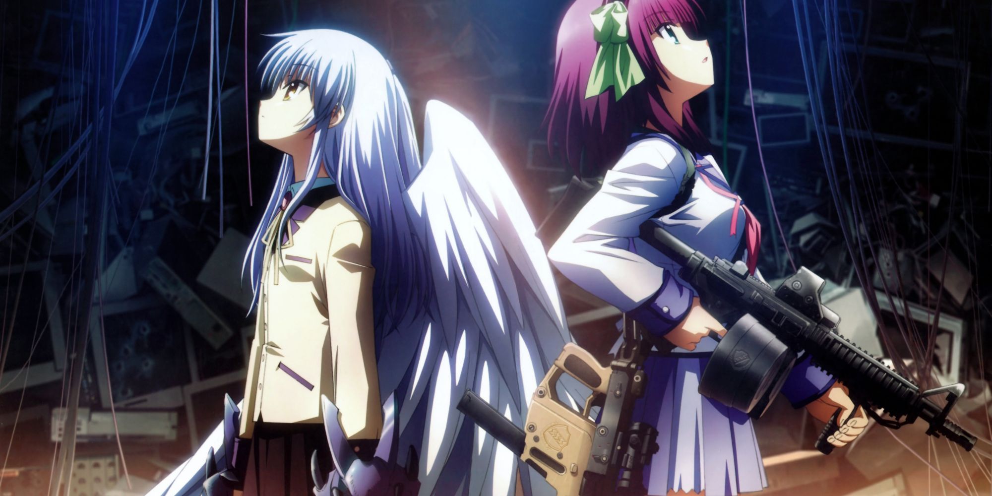 Angel et Yuri se tenant dos à dos avec des armes dans Angel Beats