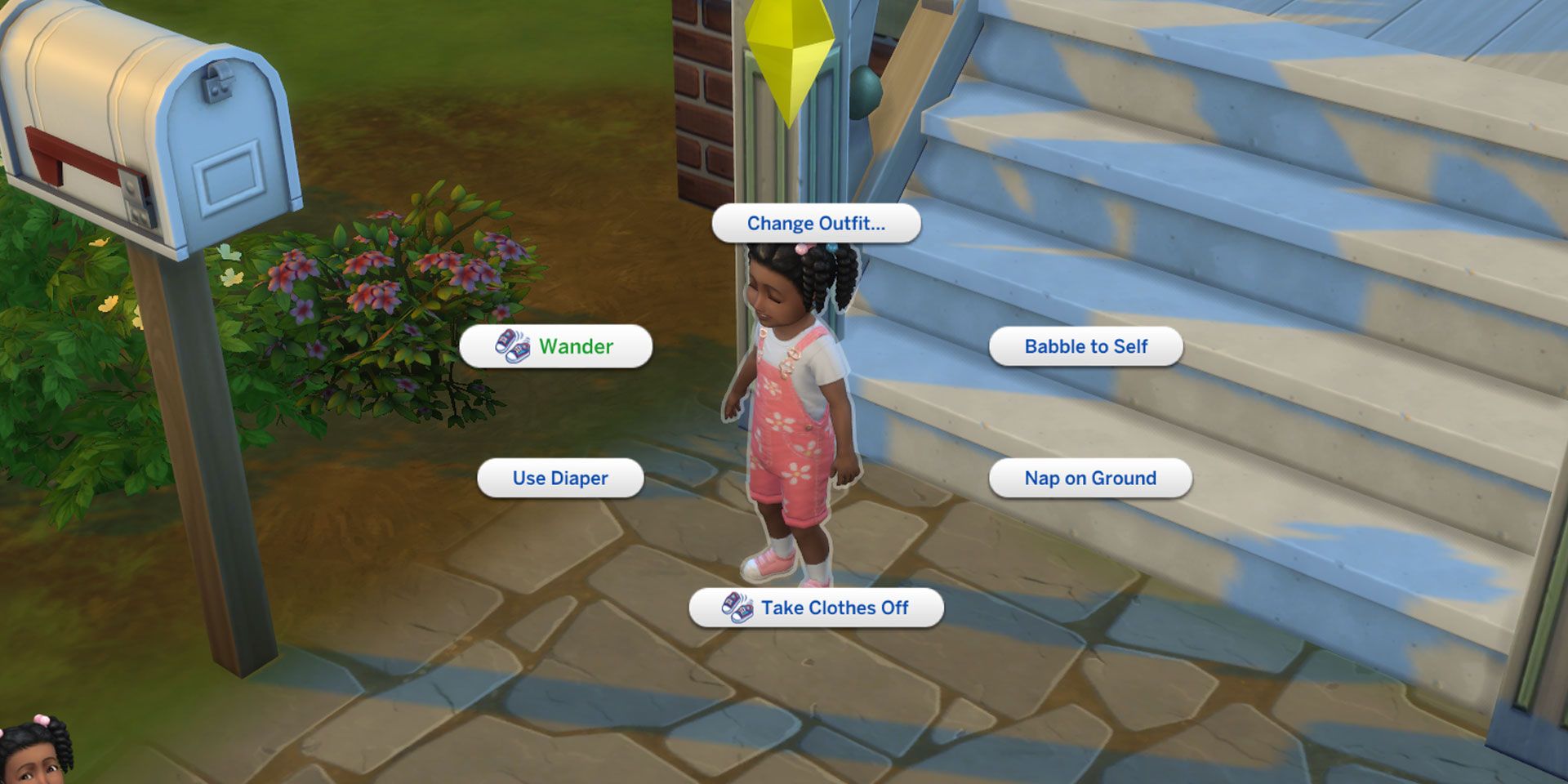 Un tout-petit dans Les Sims 4 se tient à l'extérieur, prêt à se balader. L'option de balade est sélectionnée dans le menu circulaire.