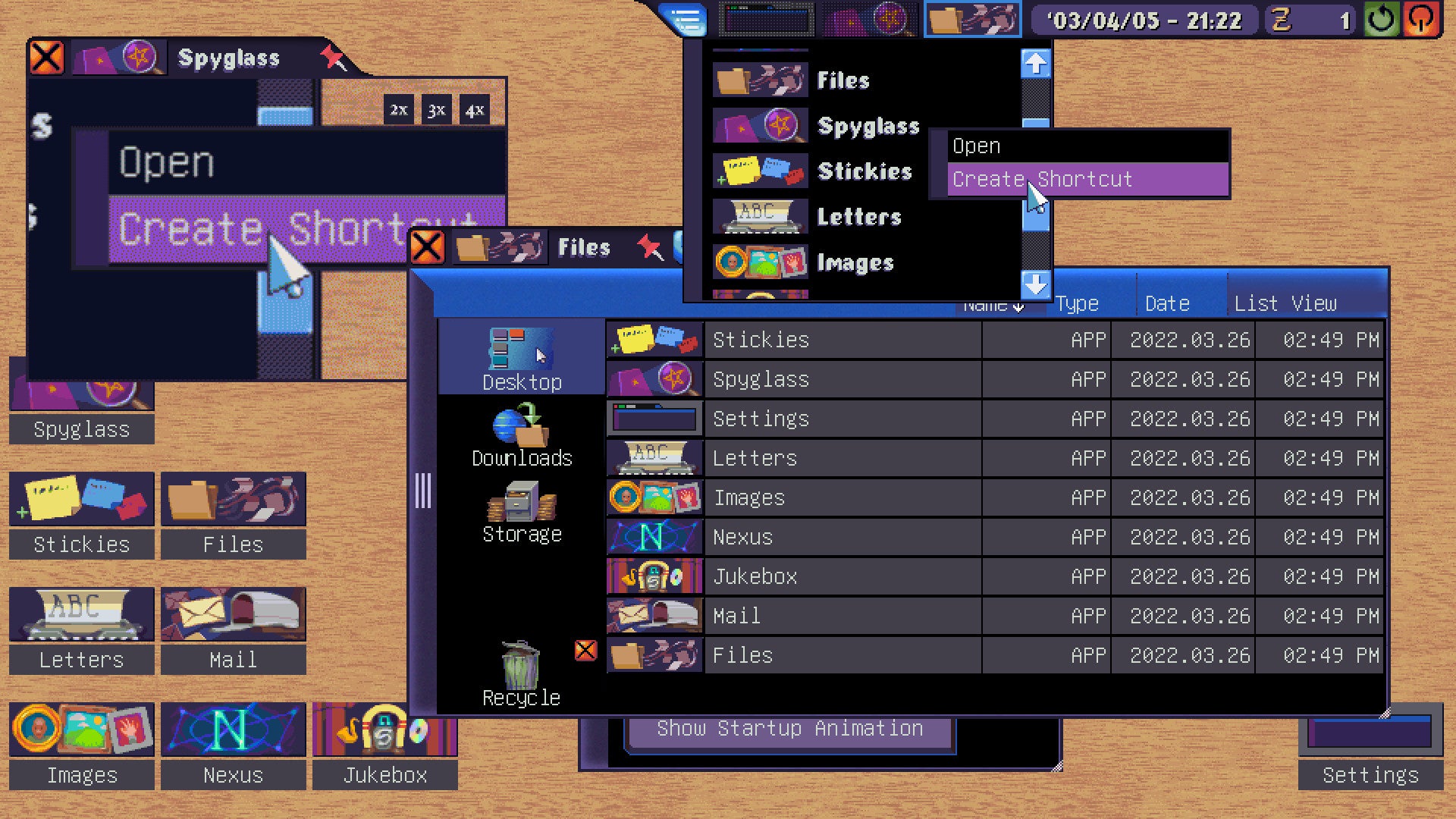 Screenshot di Dreamsettler che mostra uno sfondo desktop color beige e una serie di finestre retro del PC sovrapposte con colori vivaci in contrasto.